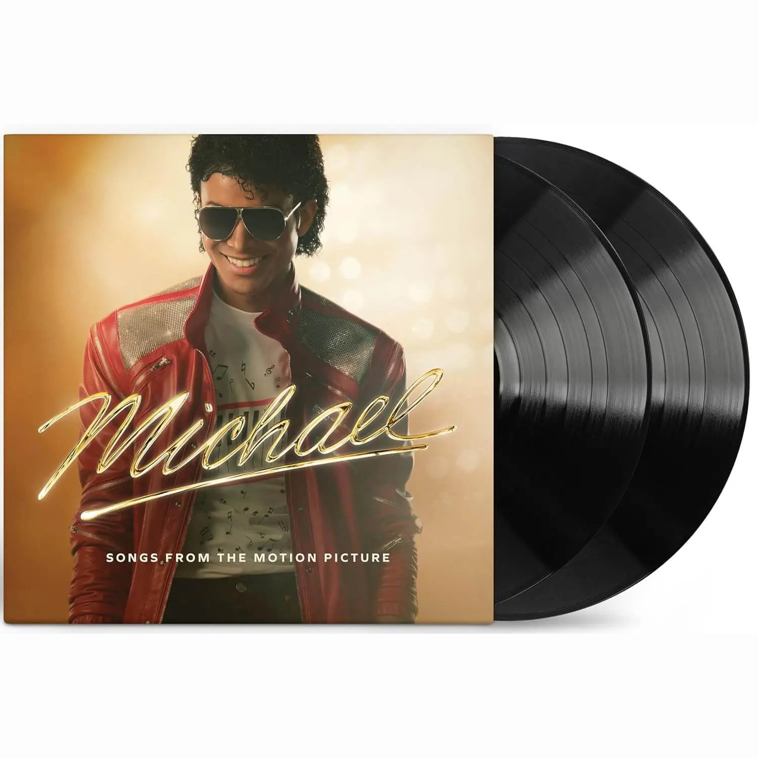 Michael Jackson in a red jacket, sunglasses, and vinyl records.