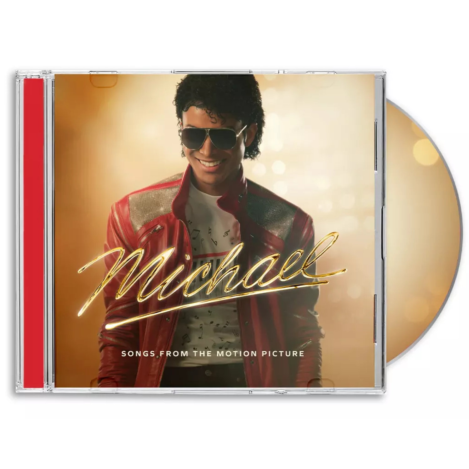 Michael Jackson op cd-hoes, draagt rode jas en zonnebril.