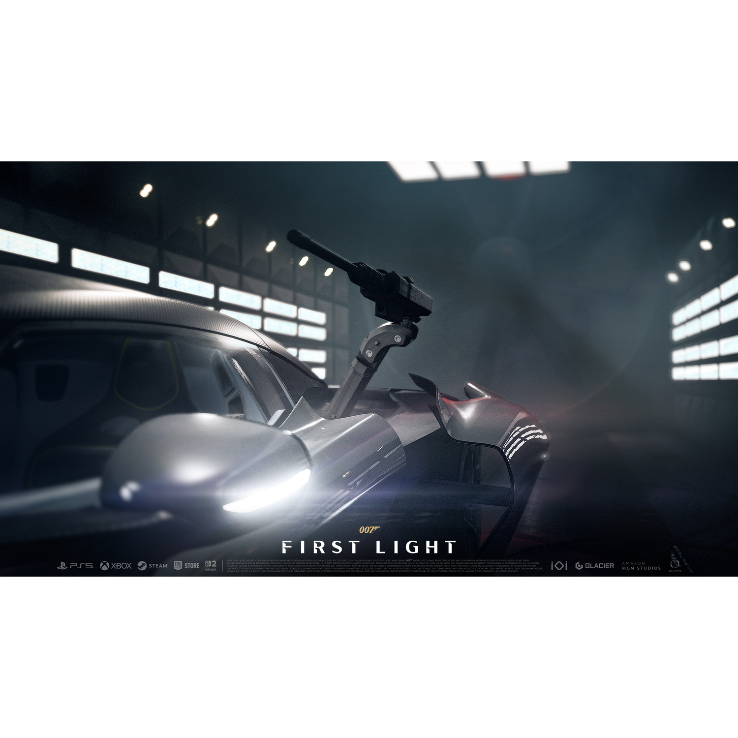 A futuristic car with a gun in a dark hangar. Title: 007 First Light.