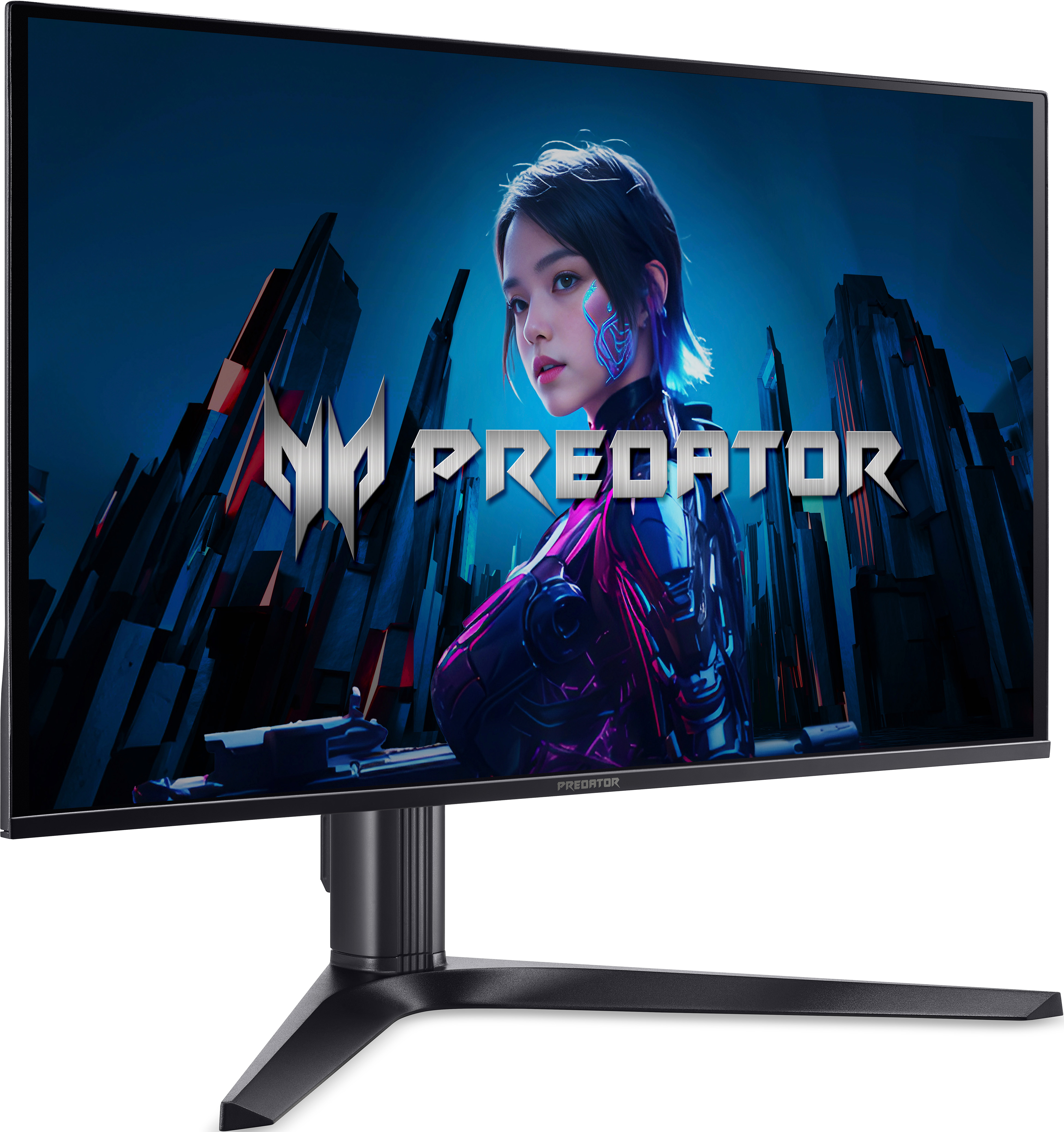 Un moniteur de jeu affiche une femme aux accents bleus lumineux sur le visage et un arrière-plan futuriste.