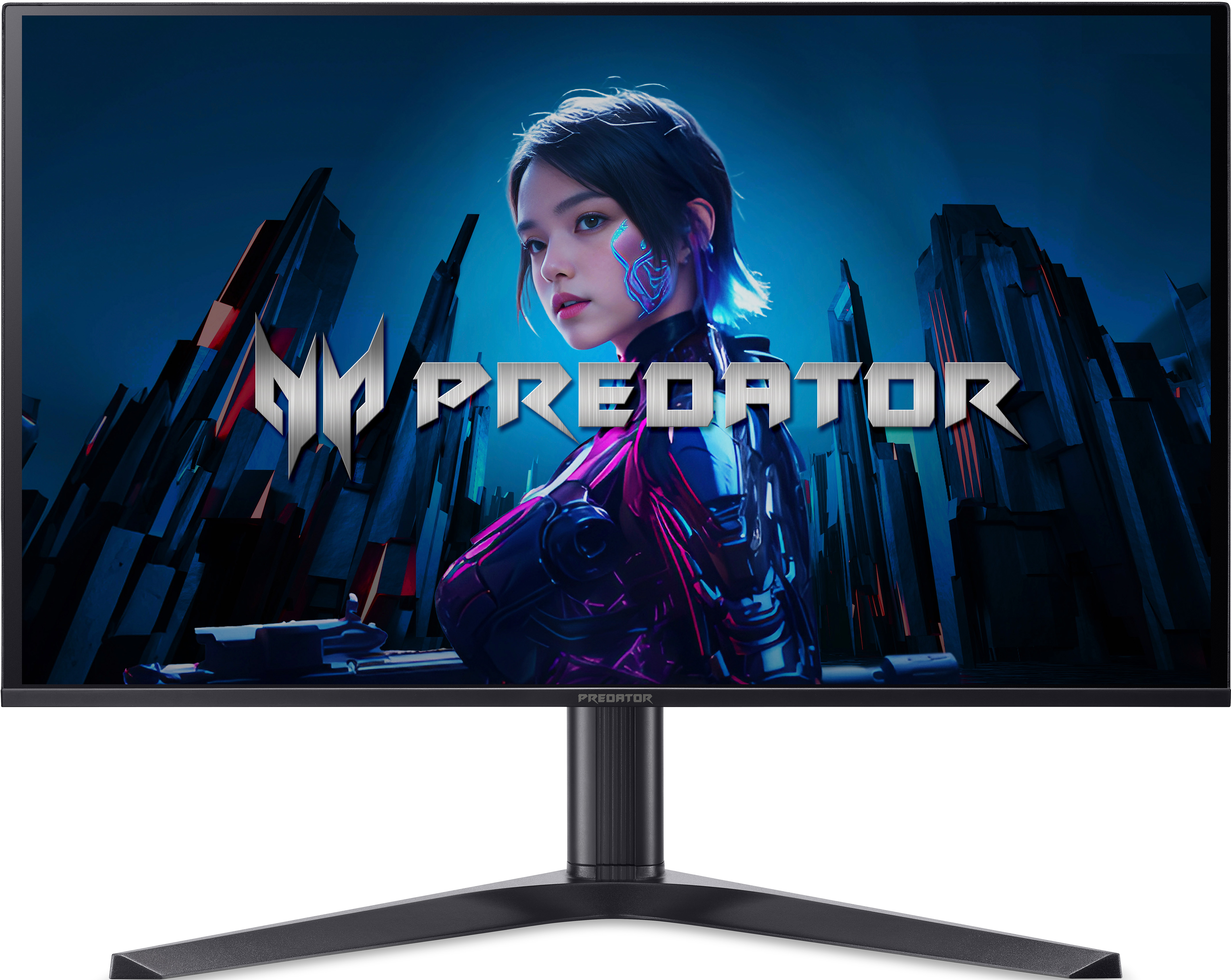 Fille cyberpunk avec des accents lumineux devant des bâtiments futuristes et le logo Predator.