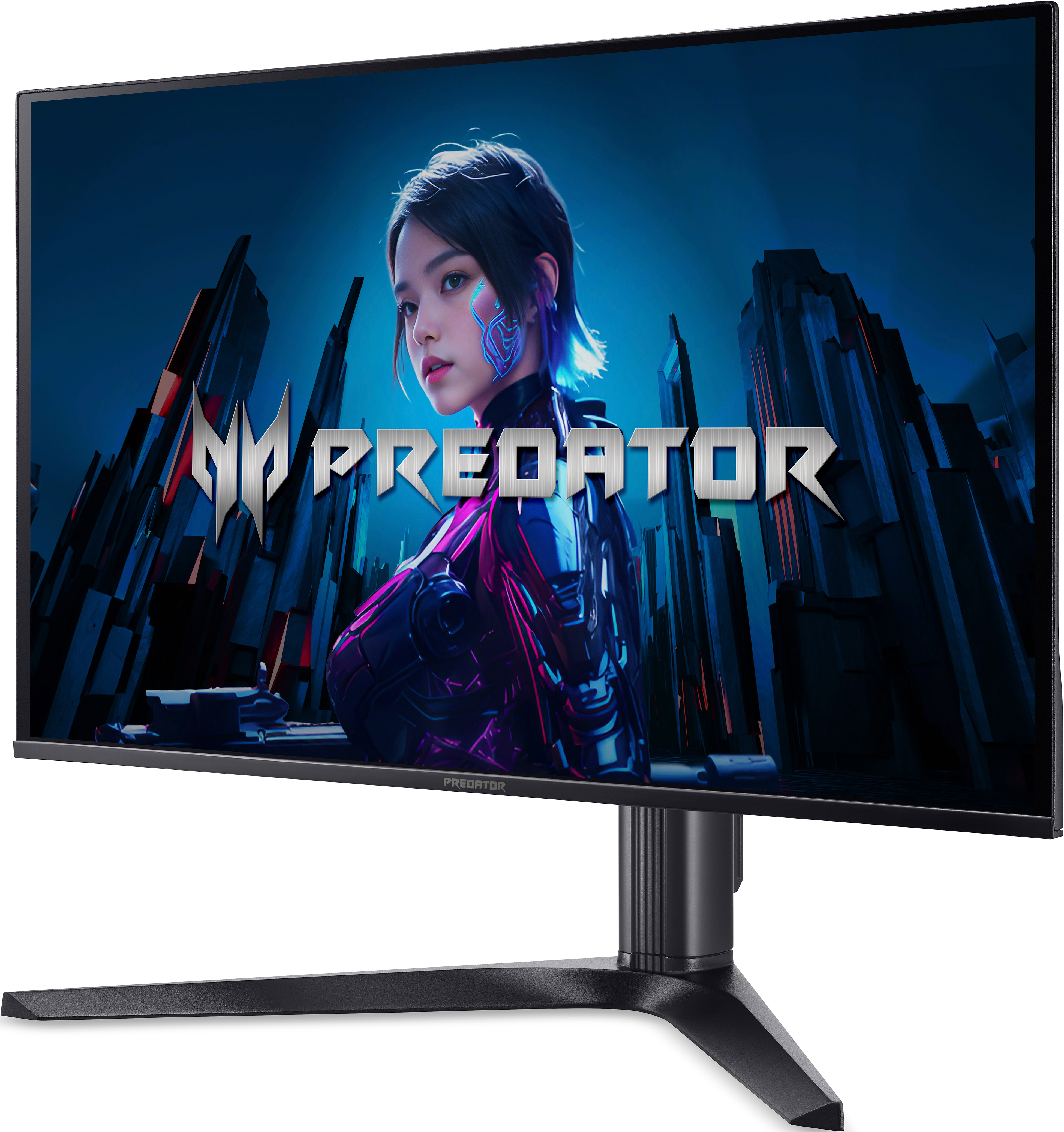 Un moniteur gaming affiche une femme aux accents bleu-violet et le logo PREDATOR.