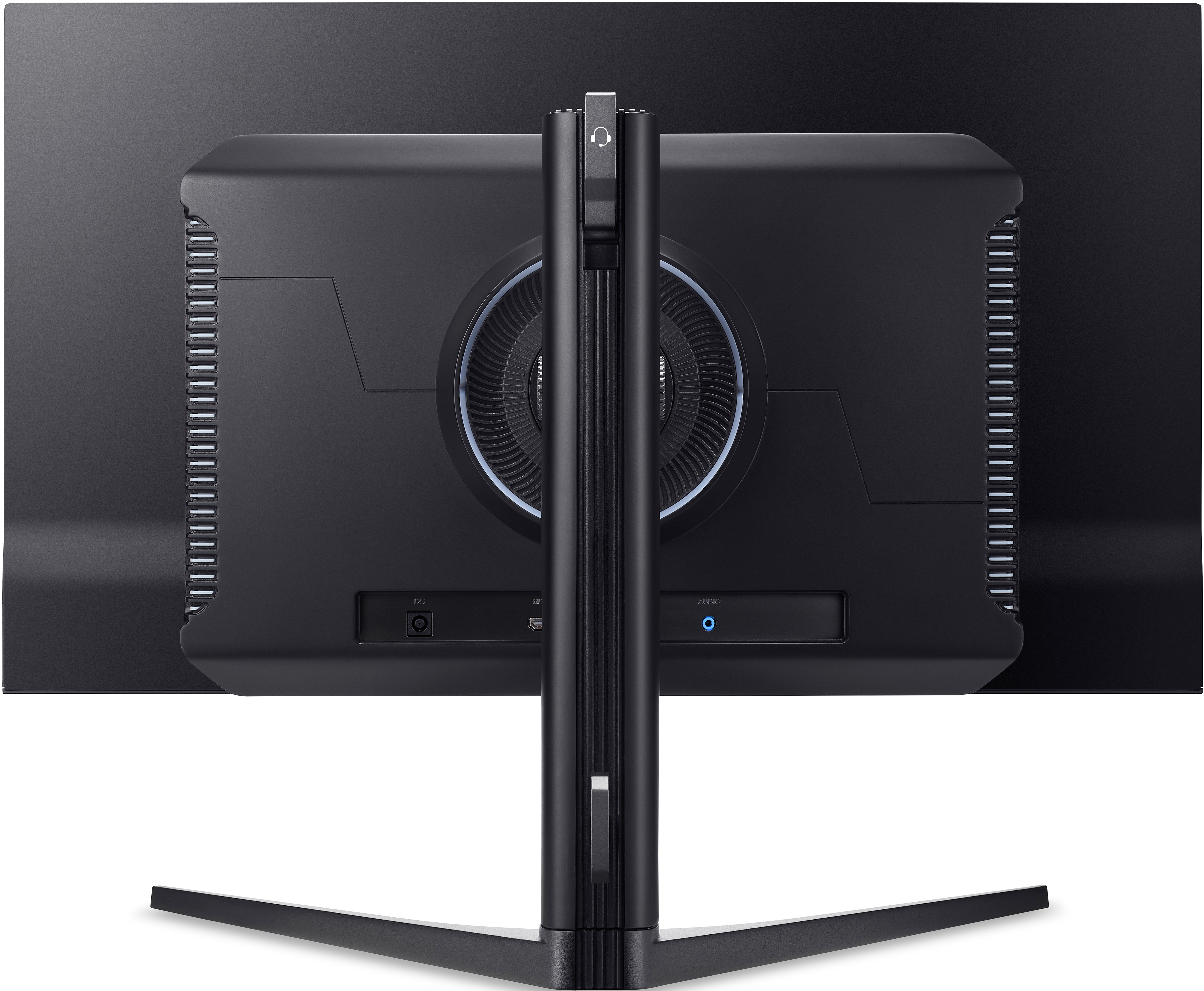 Vue arrière d'un moniteur noir avec support et ports.