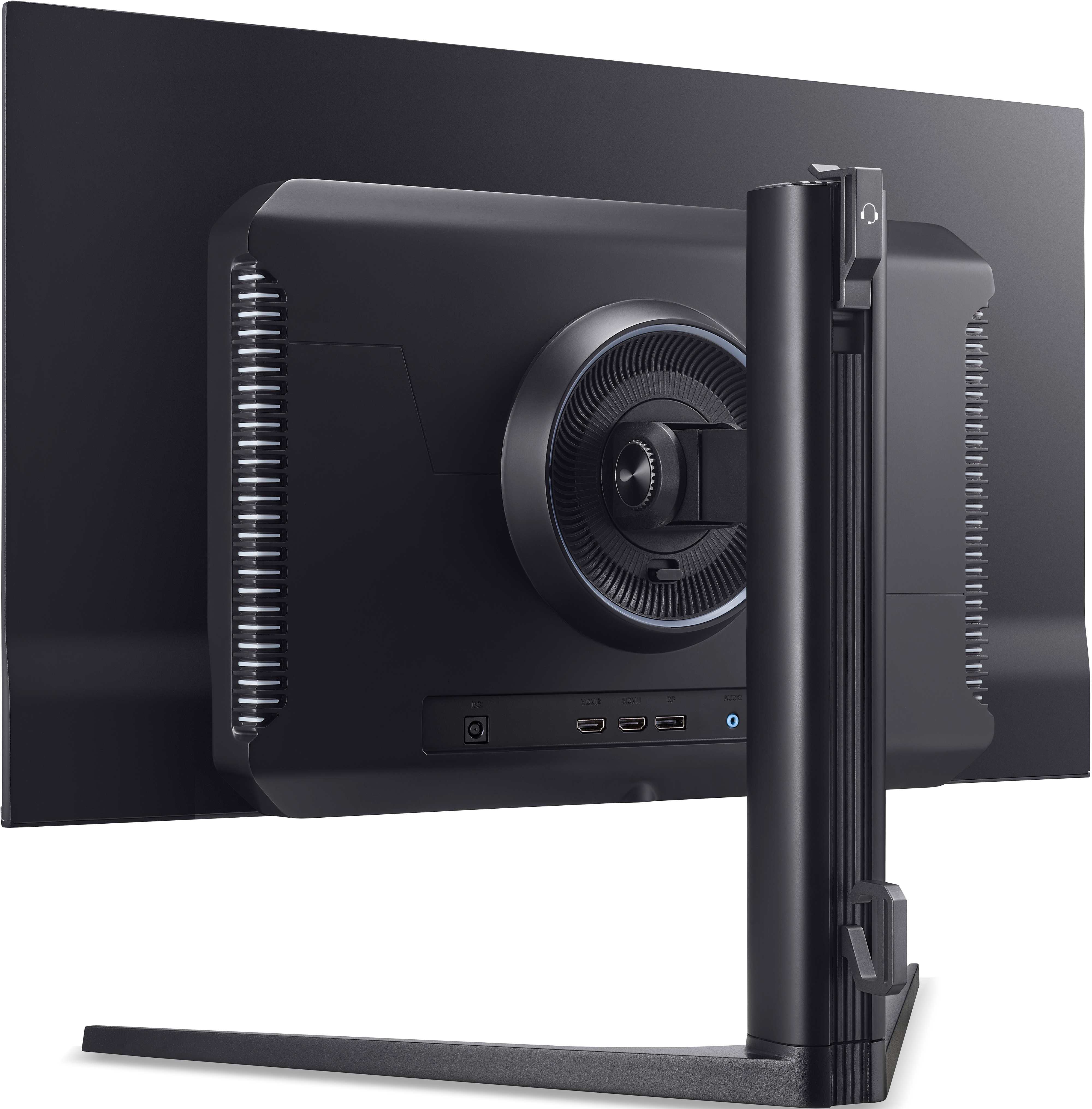 Arrière d'un moniteur noir montrant les ports et son pied.
