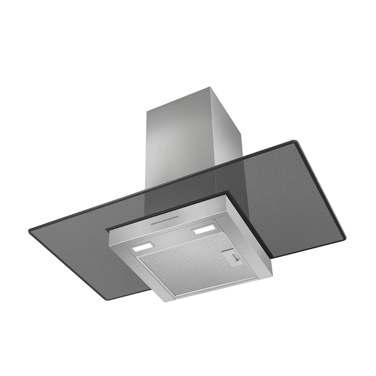 Moderna cappa da cucina in acciaio inox con cappa in vetro e luci LED.