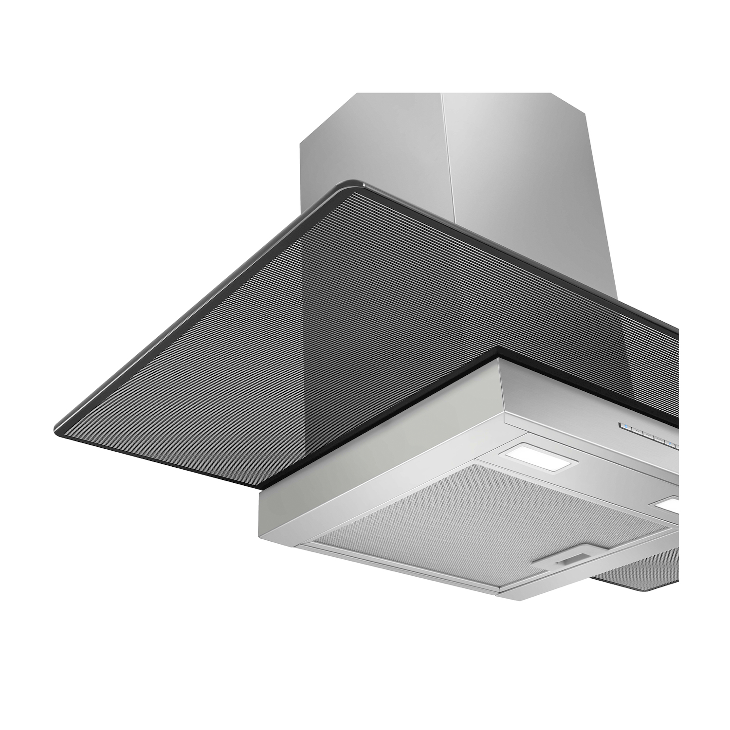 Moderna cappa in acciaio inox con frontale in vetro e luci.