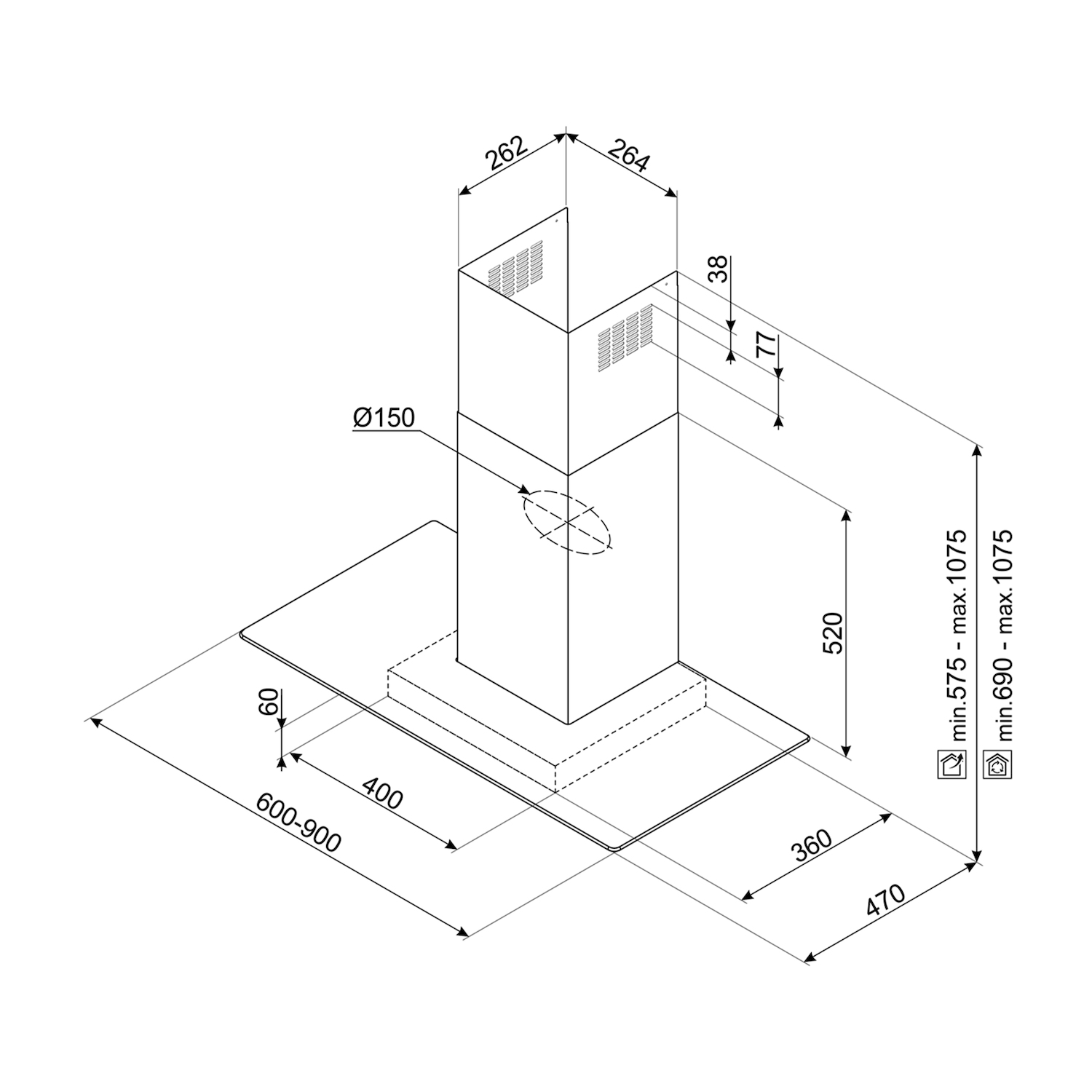 Disegno tecnico di una cappa da cucina con dimensioni in mm.