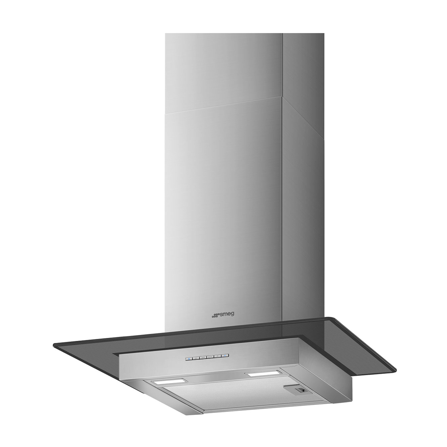Cappa aspirante in acciaio inox con bordo in vetro.