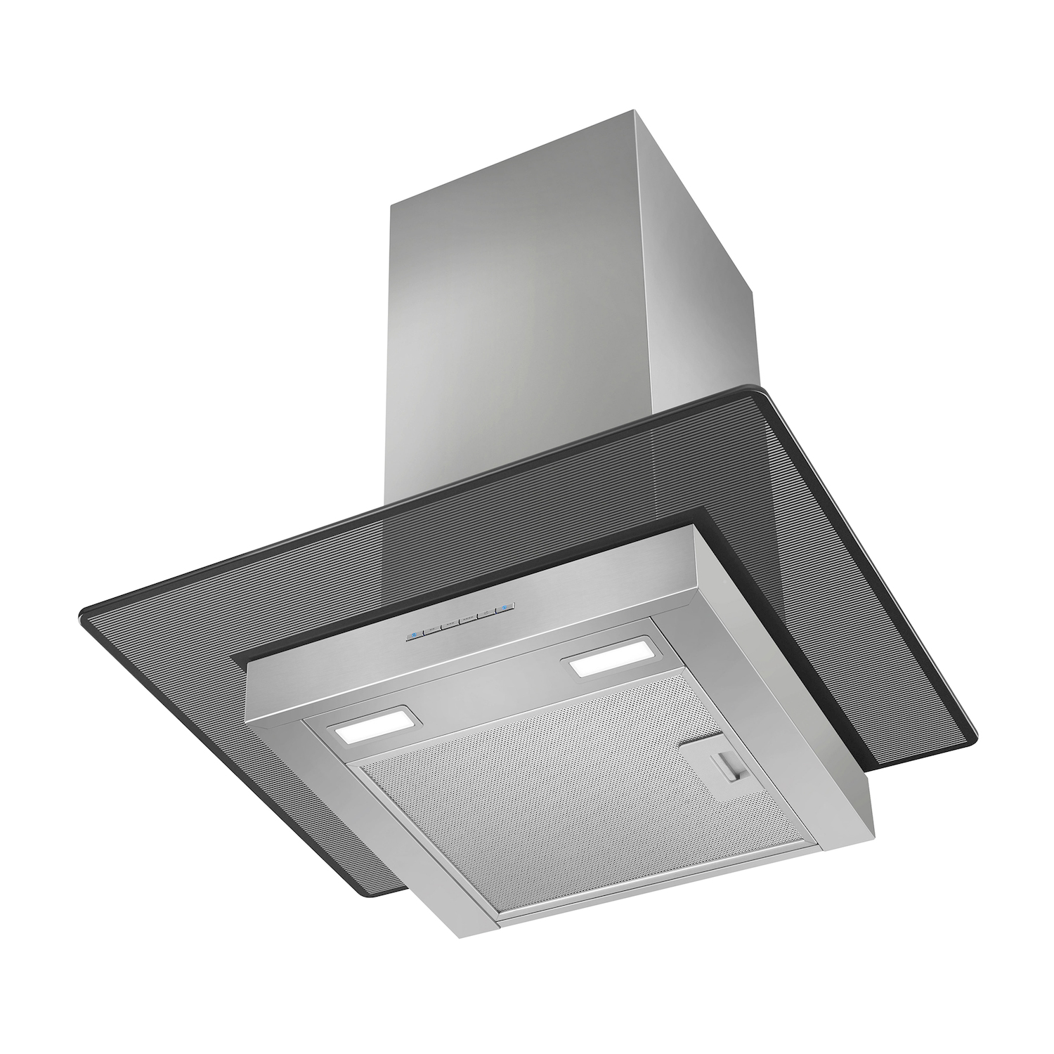 Cappa aspirante in acciaio inox con bordo in vetro e luci.