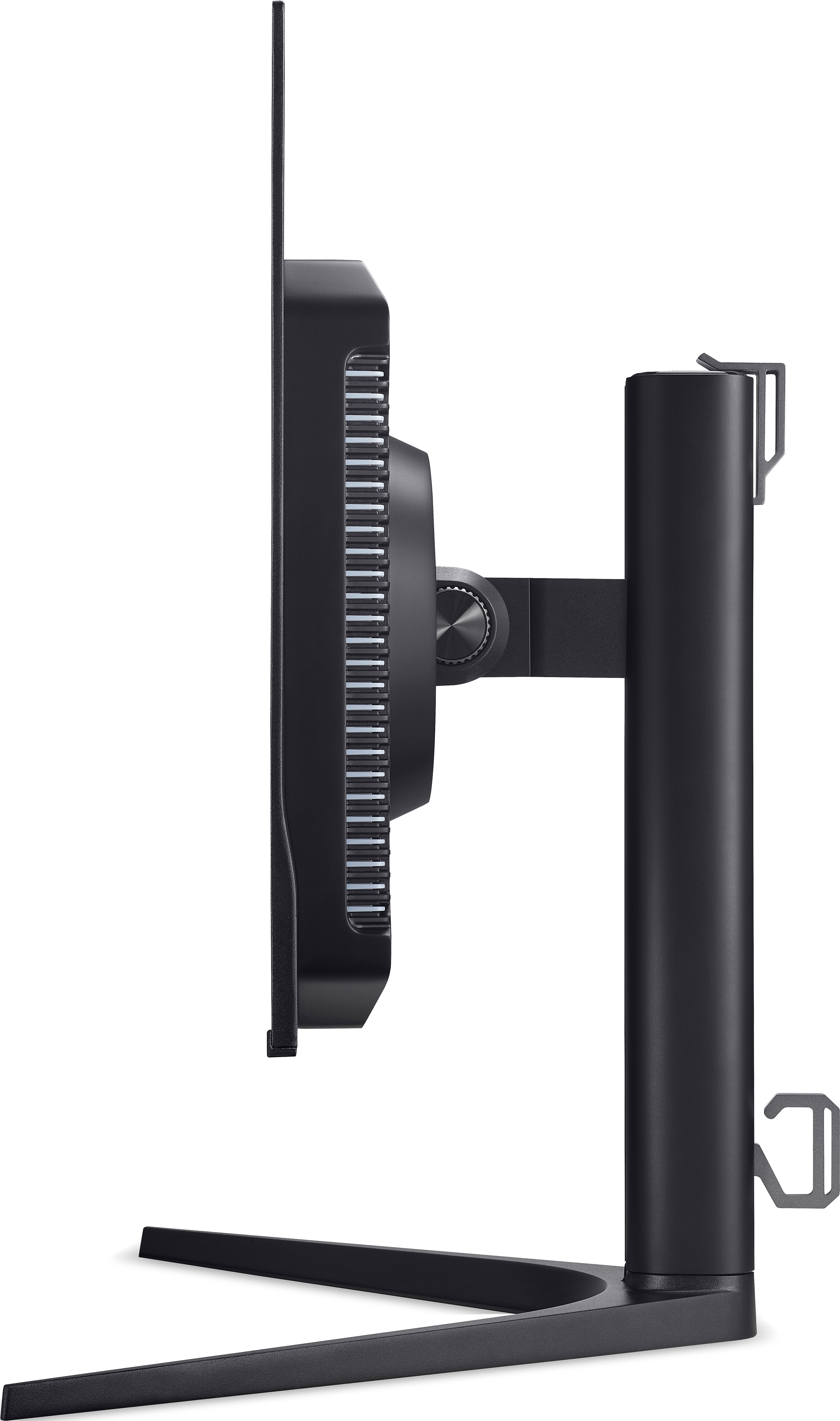 Moniteur d'ordinateur noir avec support, vue latérale. Des évents sont visibles.