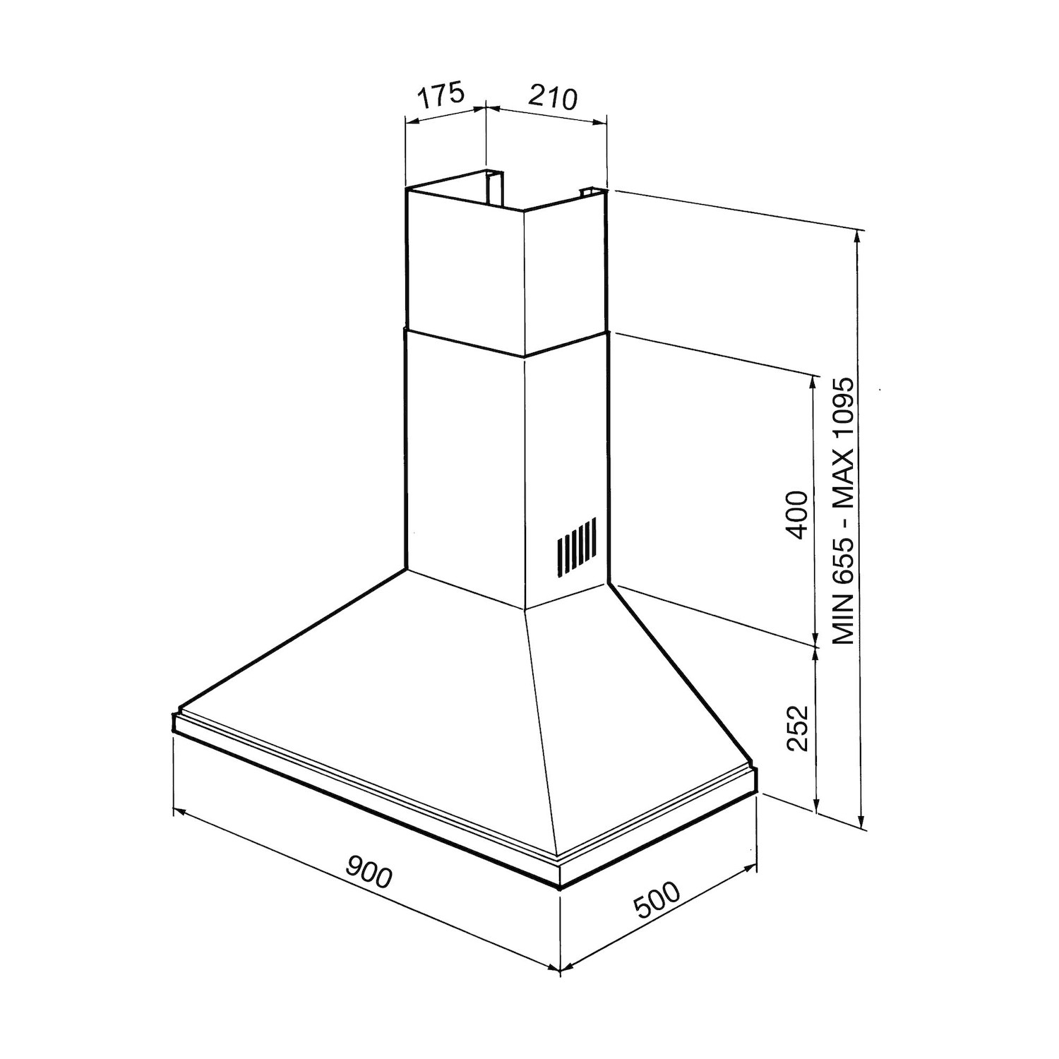 Disegno tecnico di una cappa da cucina con dimensioni.