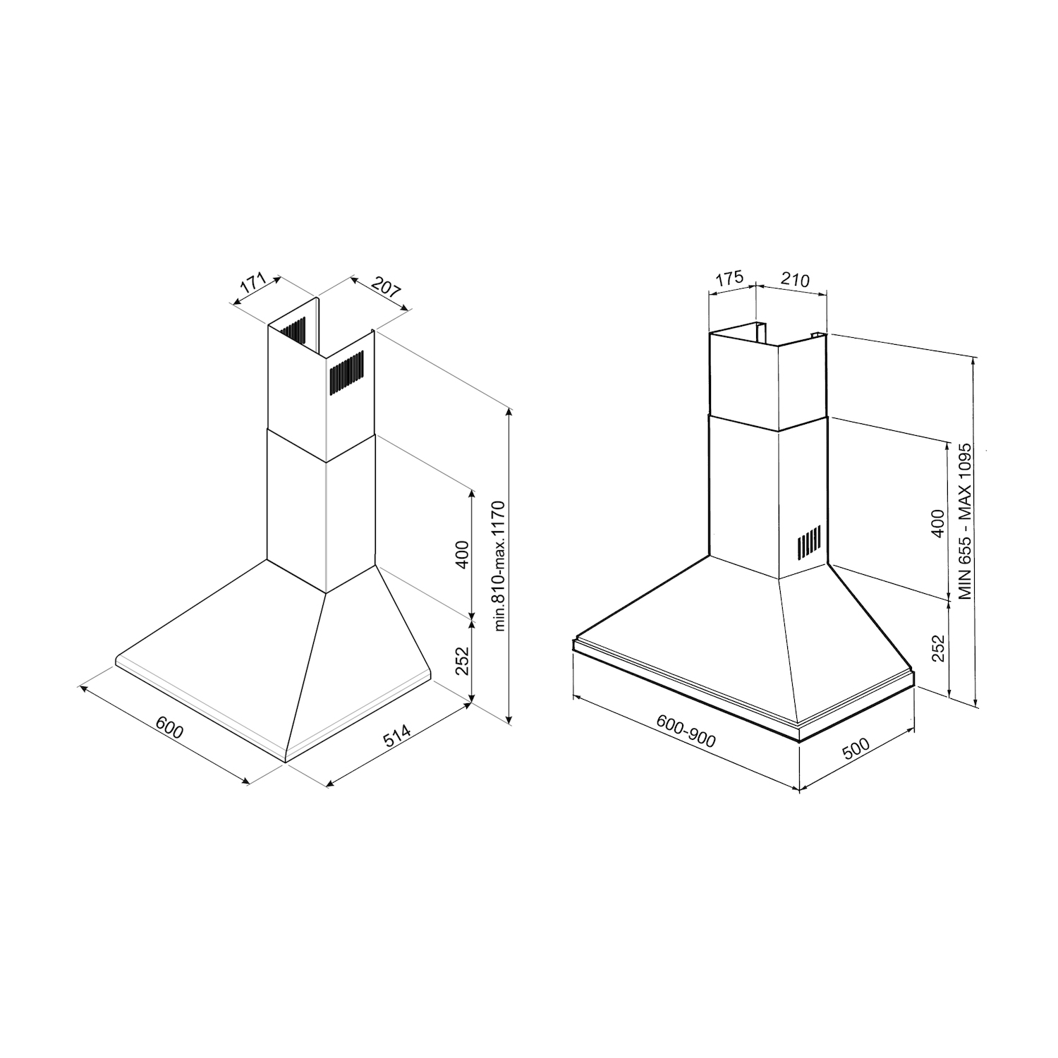 Due disegni tecnici di cappe da cucina con dimensioni.