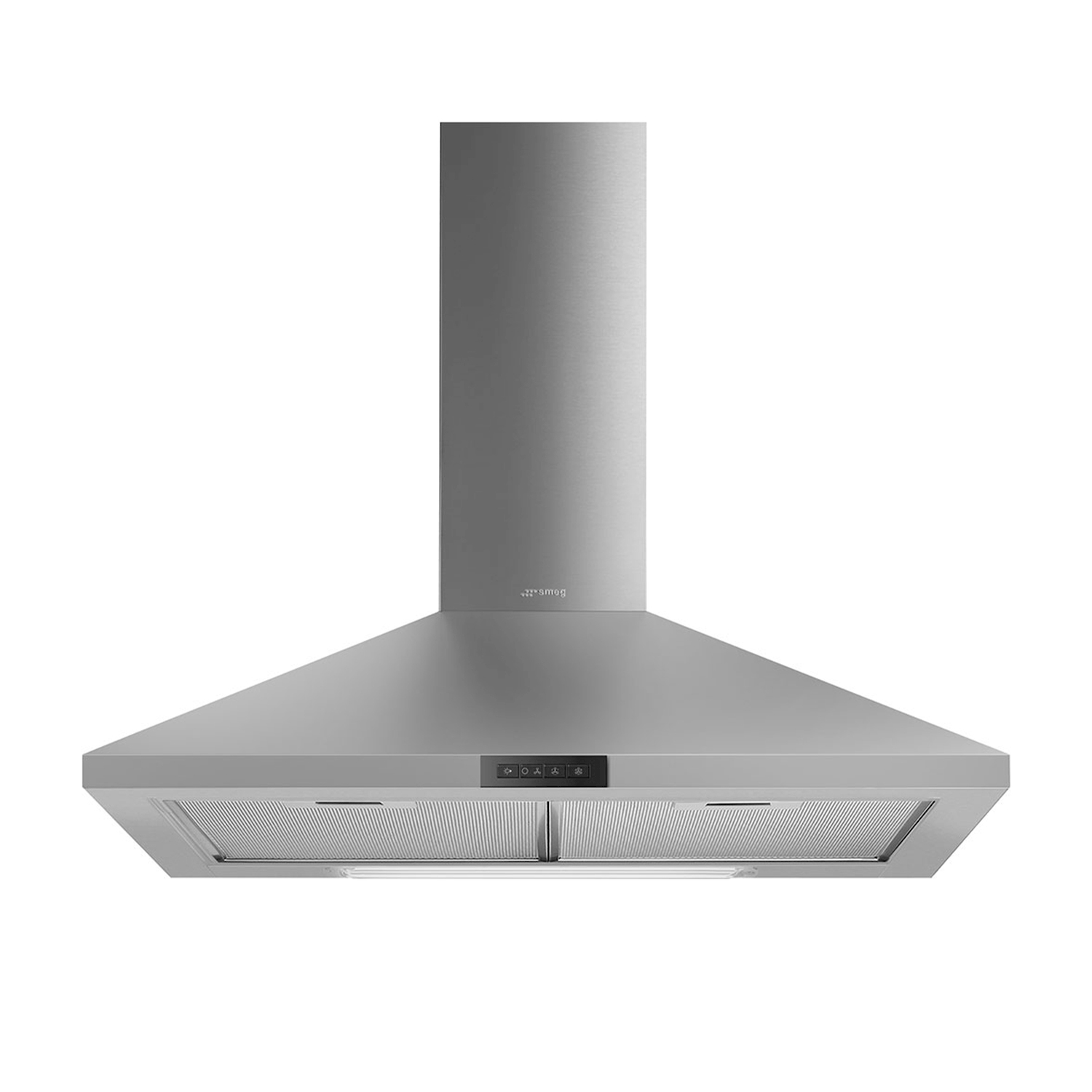 Cappa in acciaio inox con comandi digitali e fessure di ventilazione.