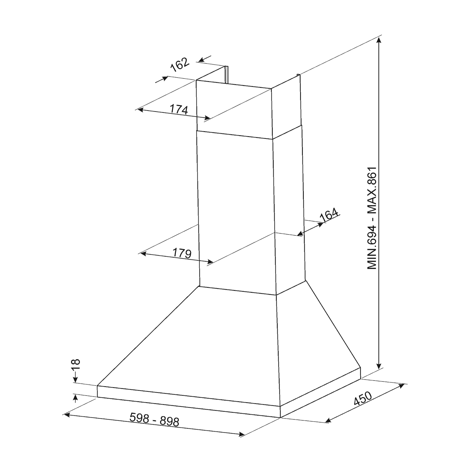 Disegno tecnico di una cappa aspirante con dimensioni.