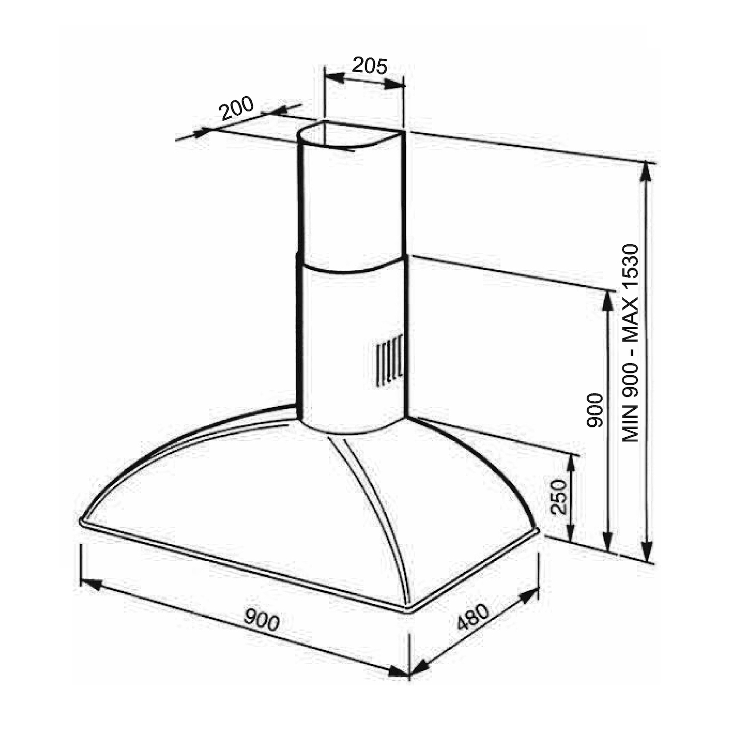 Disegno tecnico di una cappa da cucina con dimensioni.