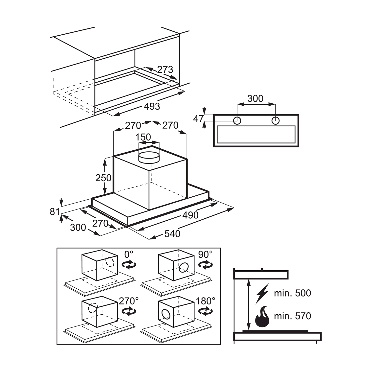 Disegno tecnico di un kit di montaggio cappa con dimensioni.