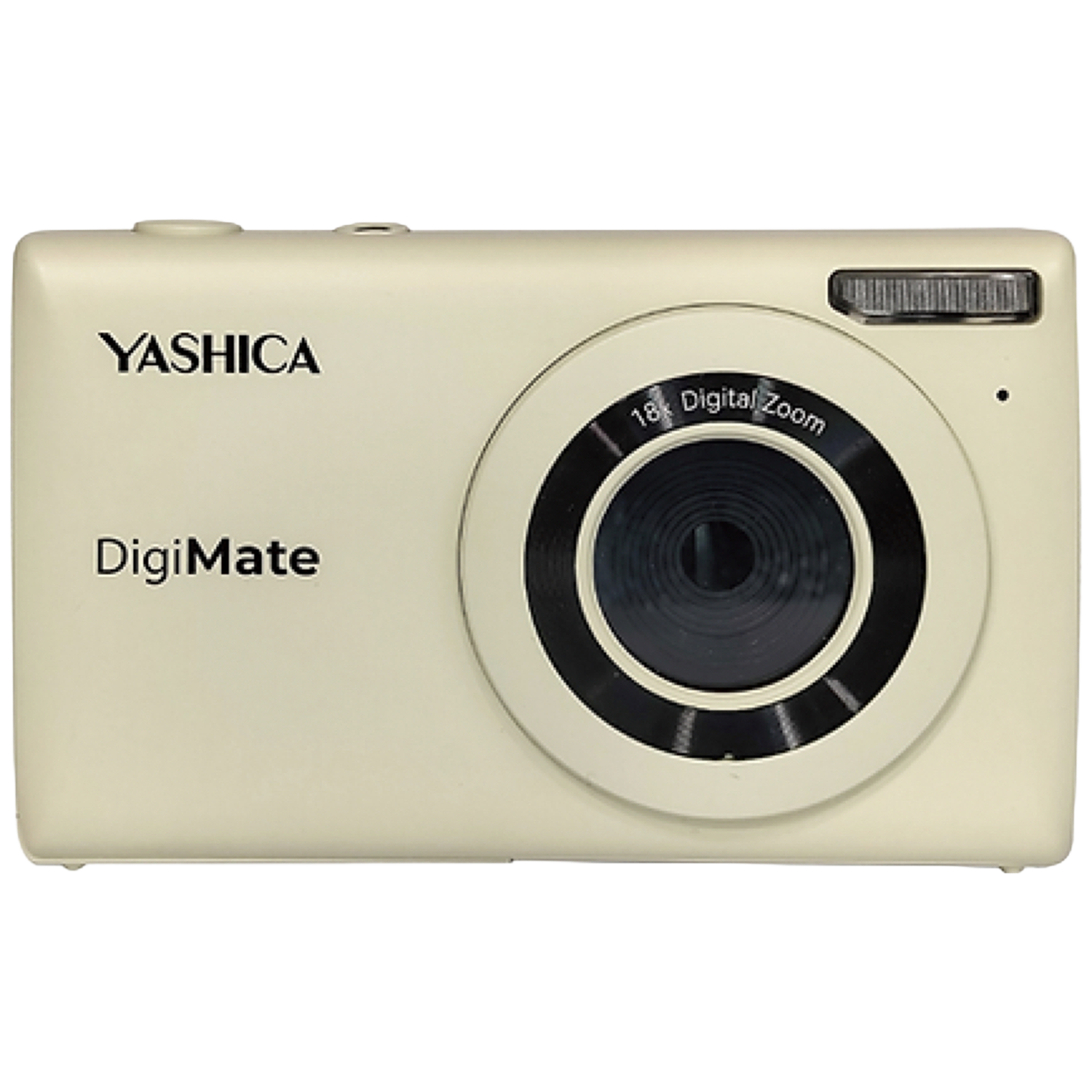 Een crèmekleurige Yashica DigiMate digitale camera met lens en flitser.