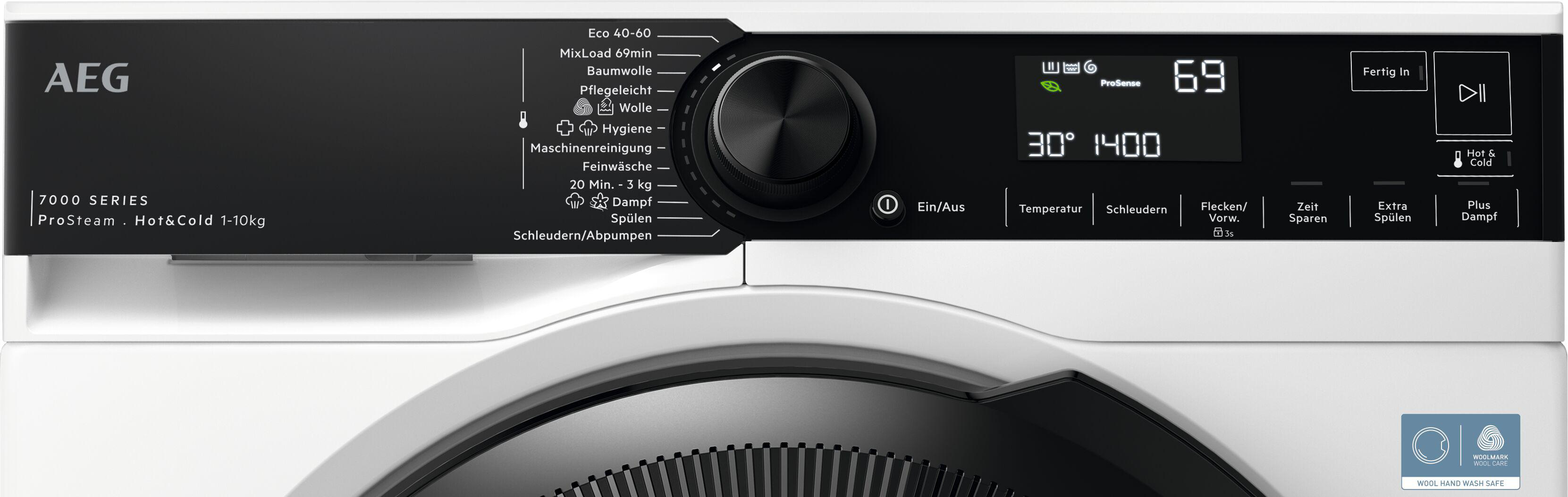 AEG Waschmaschine, 7000 Serie, mit ProSteam. Display zeigt 30°C, 1400 U/min.