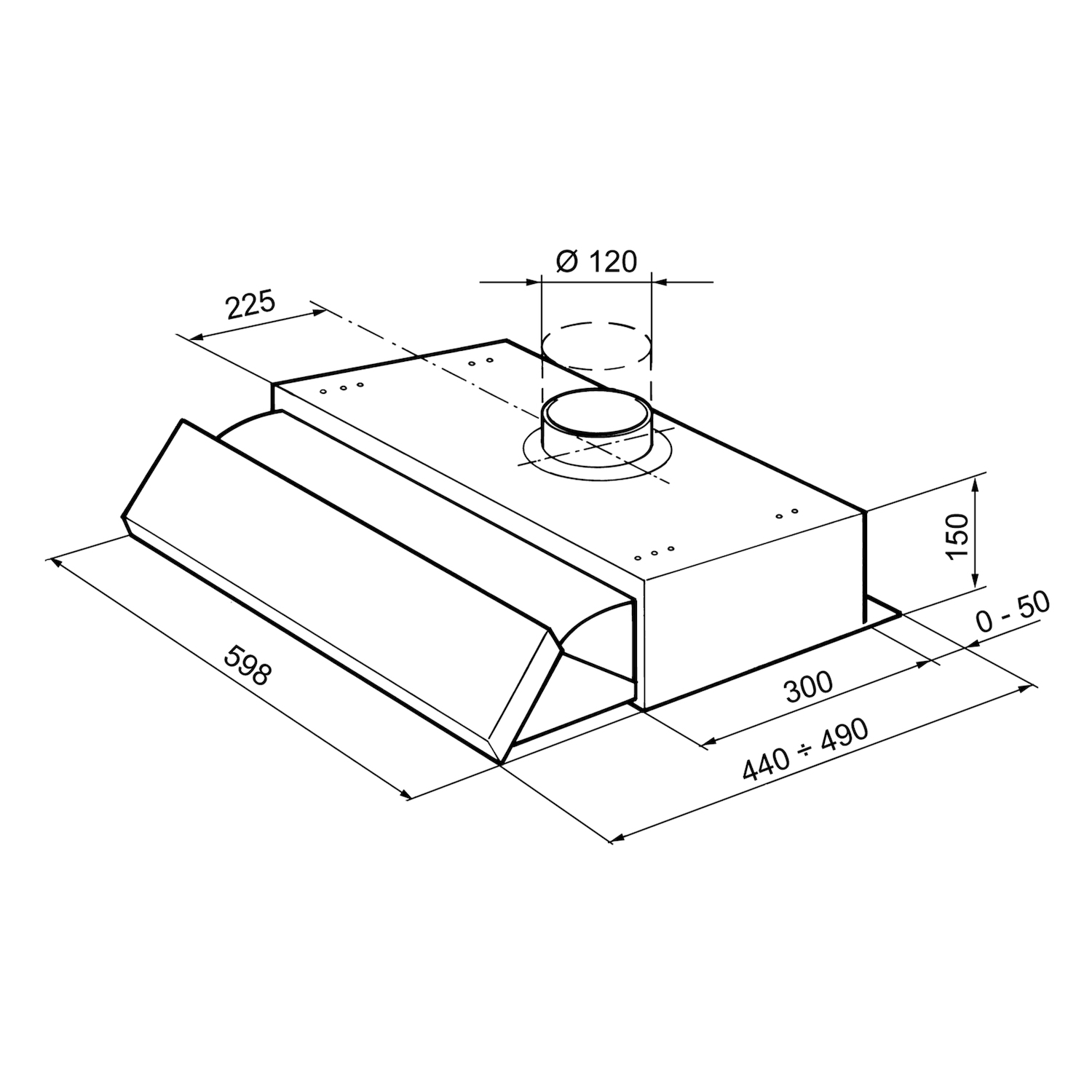 Disegno tecnico di una cappa da cucina con dimensioni.