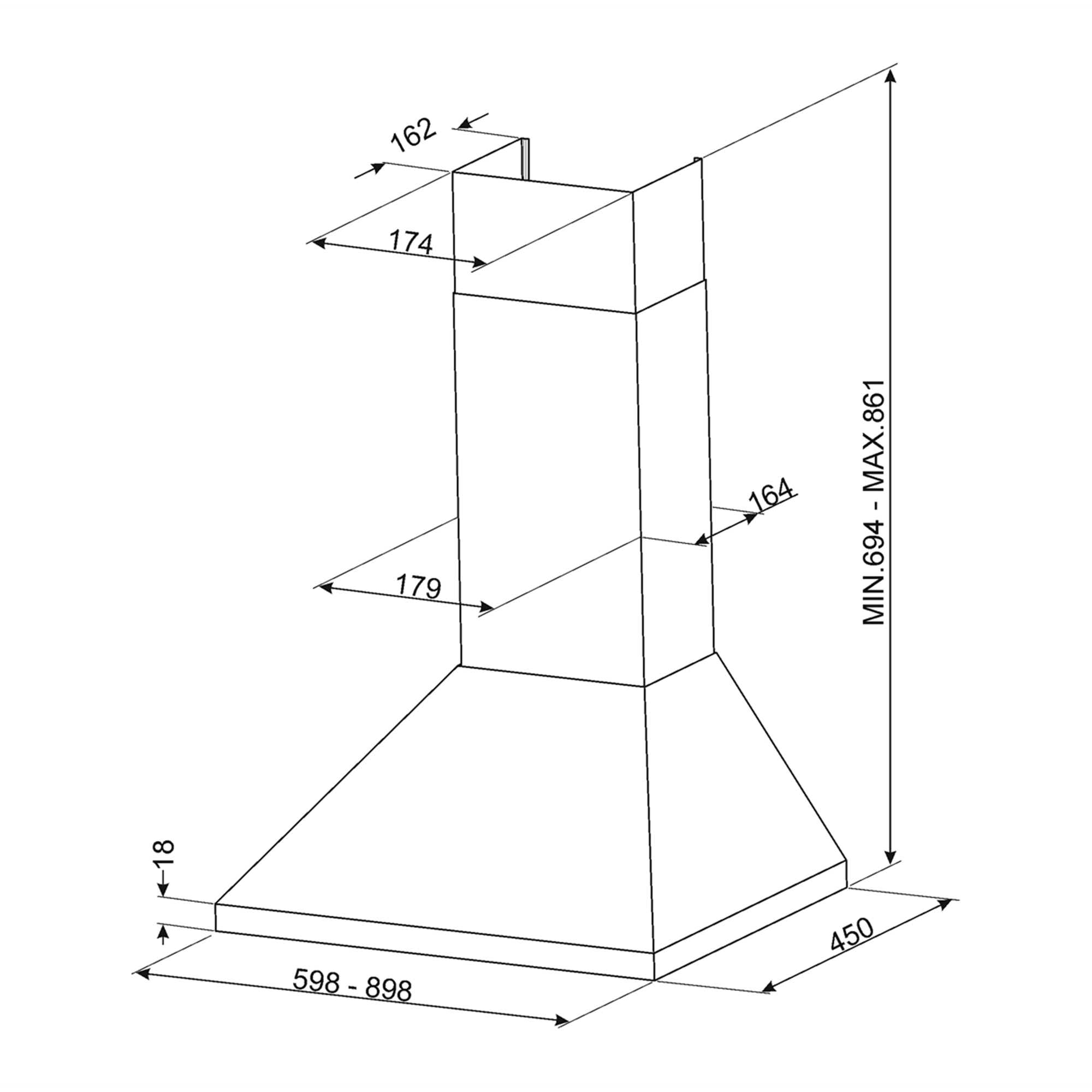 Disegno tecnico di una cappa da cucina con dimensioni.