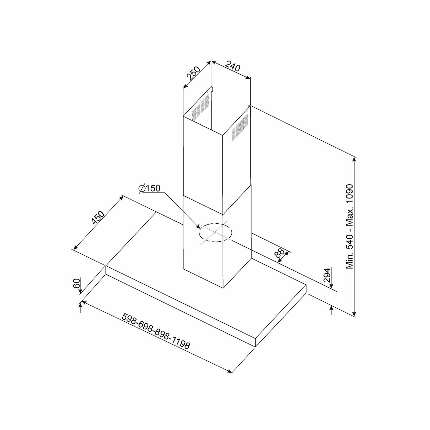 Disegno tecnico di una cappa da cucina con dimensioni.