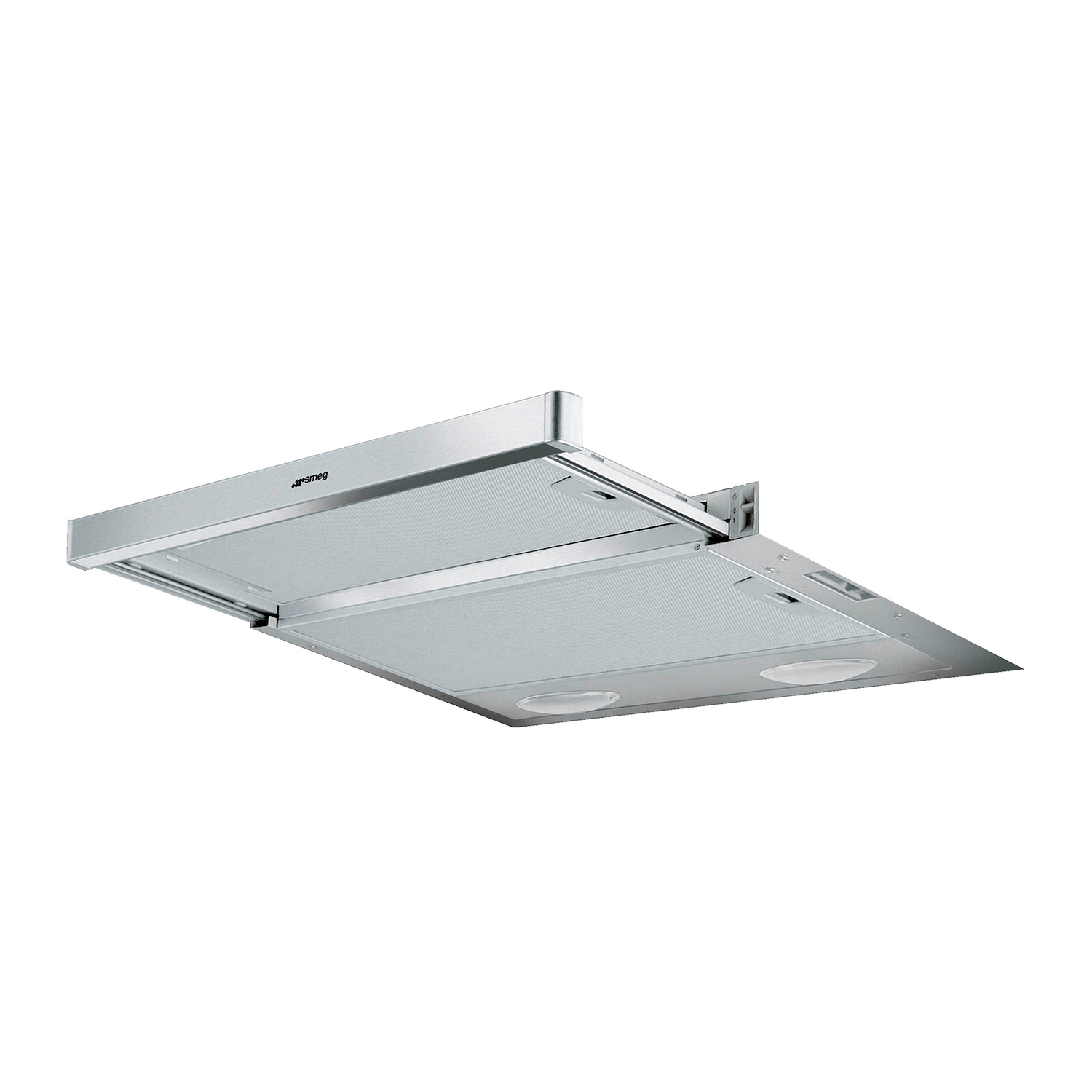 Cappa aspirante in acciaio inox con due luci e logo Smeg.