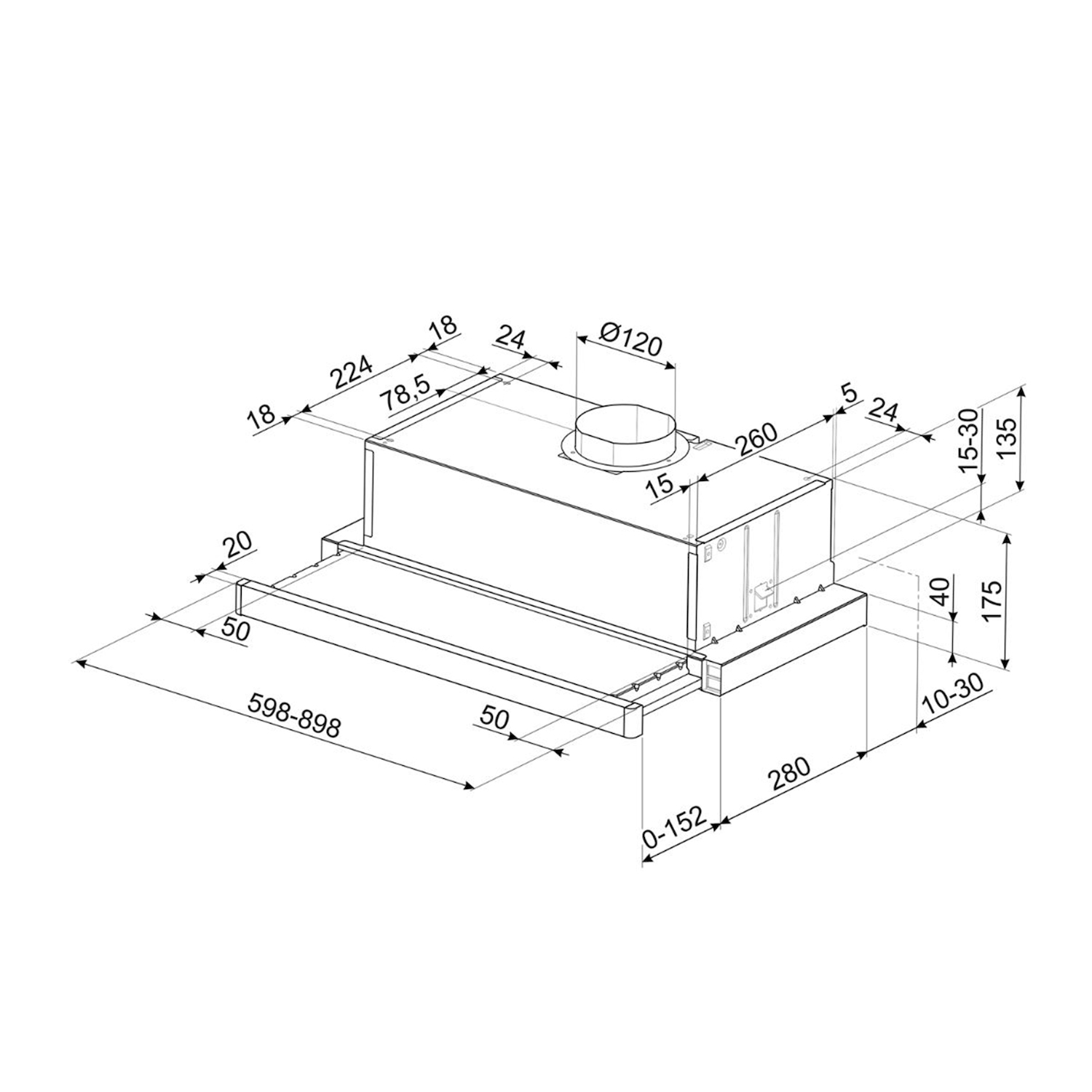 Disegno tecnico di una cappa aspirante con dimensioni.