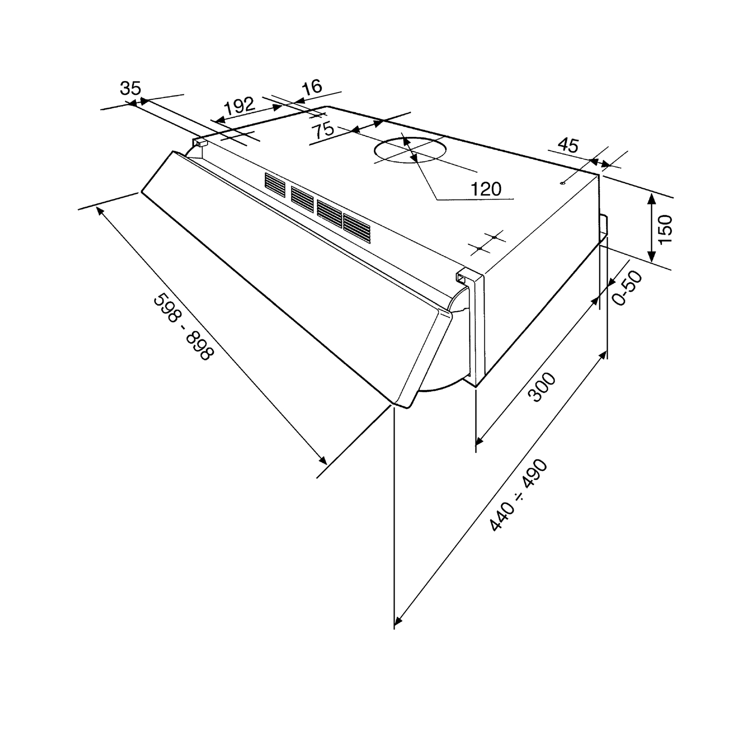 Disegno tecnico di una cappa aspirante con dimensioni.