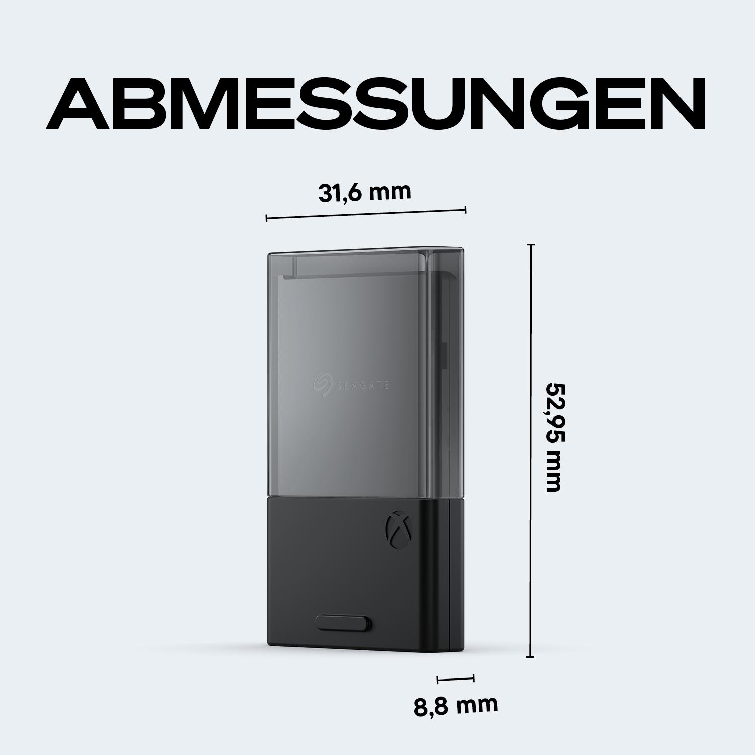 Ein schwarzer Seagate-Speicher mit Xbox-Logo, Maße 31,6x52,95x8,8 mm.