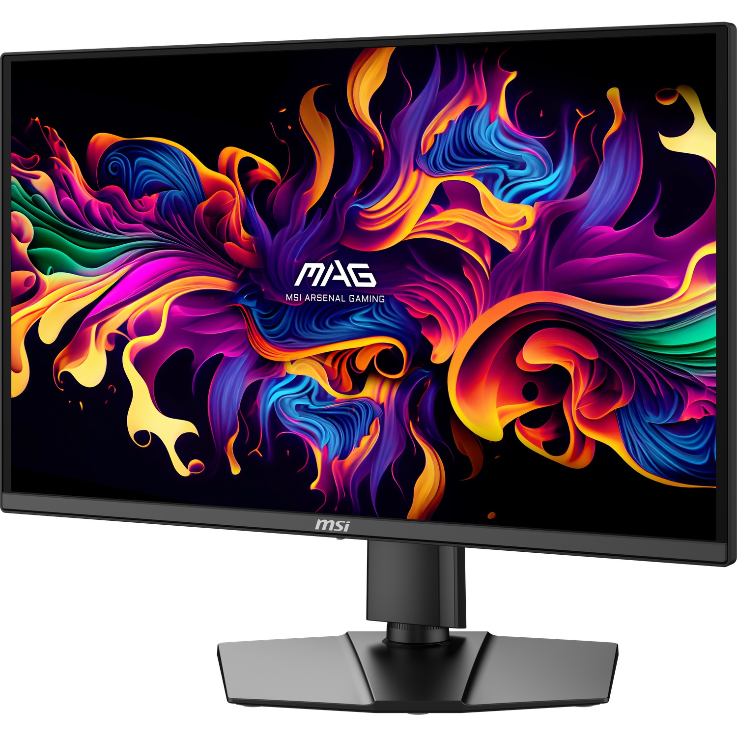 Moniteur MSI affichant des flammes abstraites colorées. Fond noir, logo MSI visible.