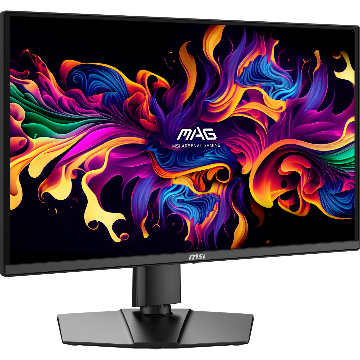 Un moniteur gaming MSI noir affichant un fond abstrait et vibrant.