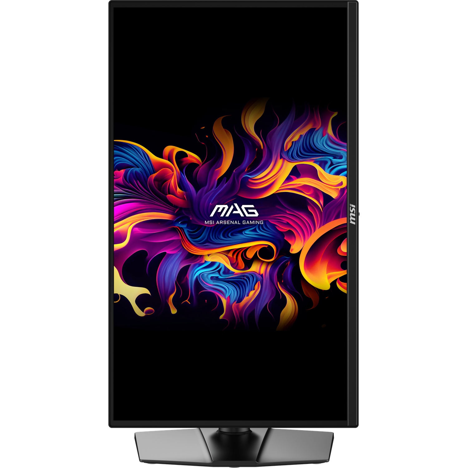 Un moniteur MSI vertical affiche un motif abstrait coloré avec le logo MSI.