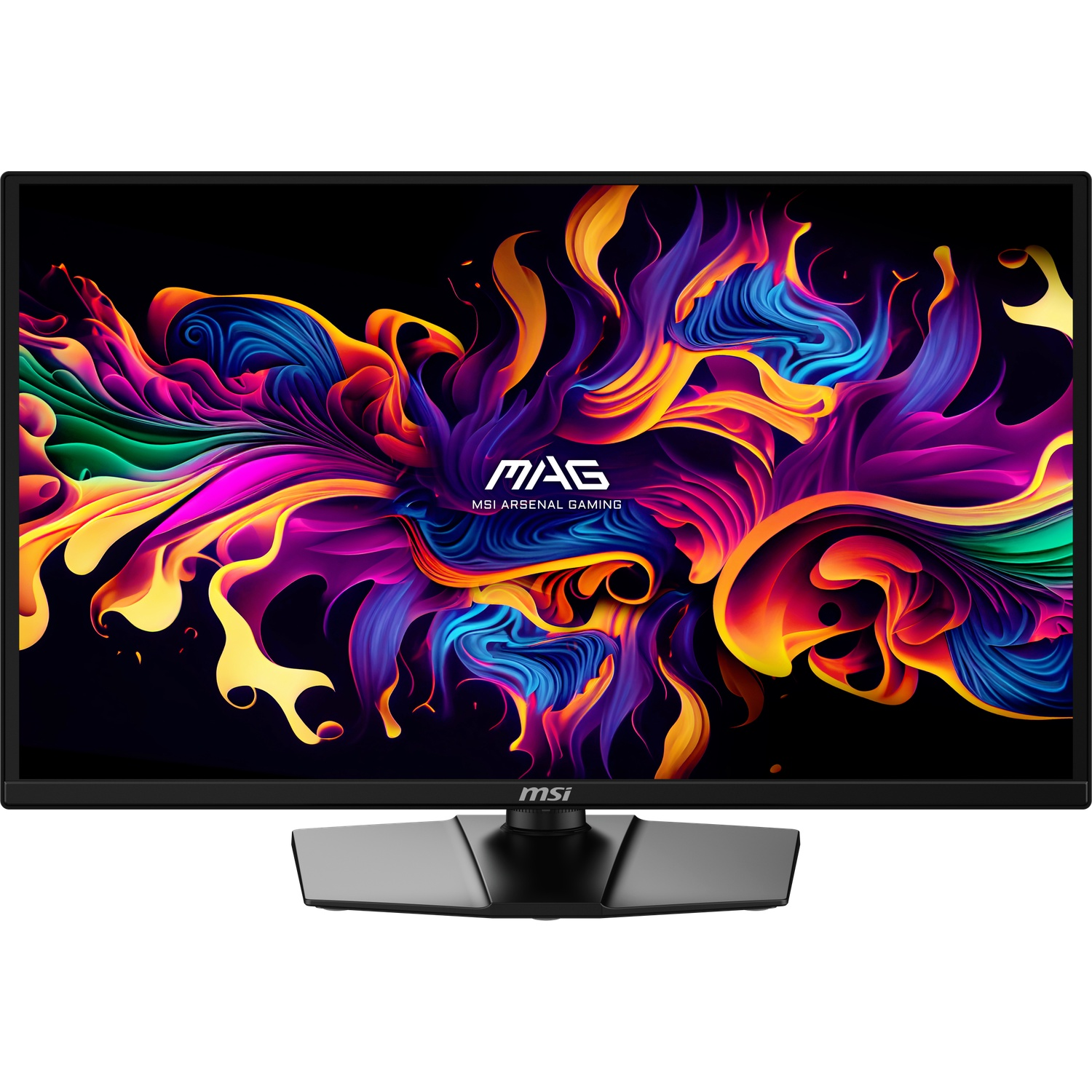 Un moniteur noir affichant un fond abstrait coloré avec un logo MSI.