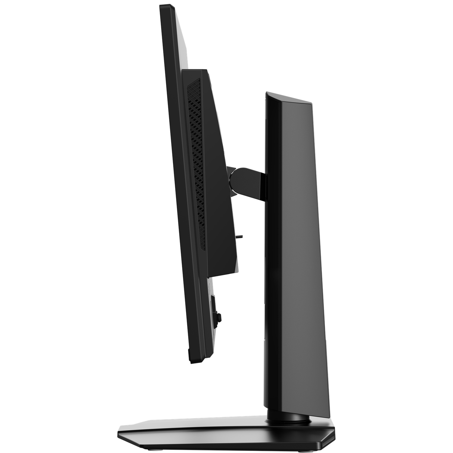 Vue de côté d'un moniteur noir à lunette fine et support robuste.