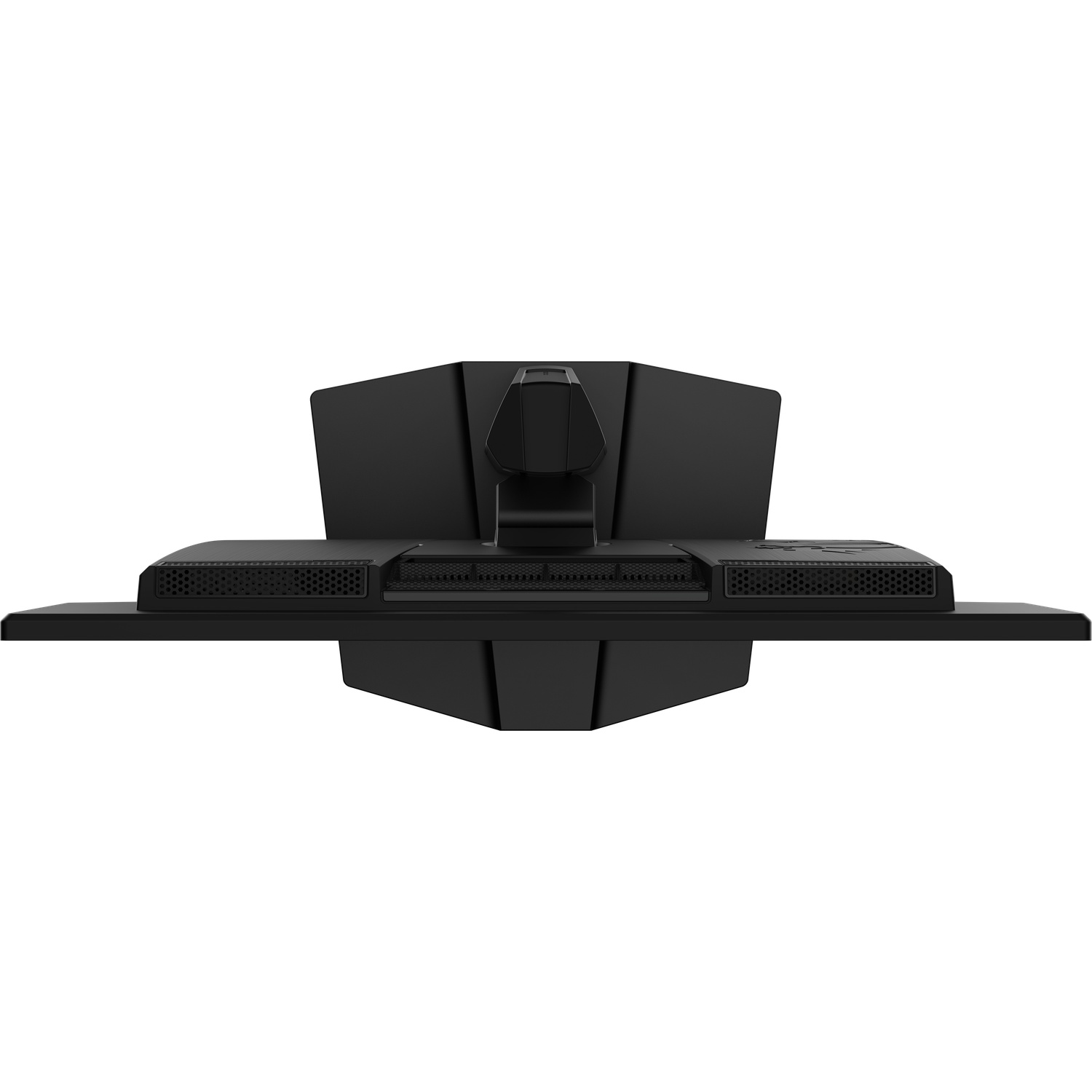 Support de moniteur noir avec évents et bras réglable, vu de dessus.