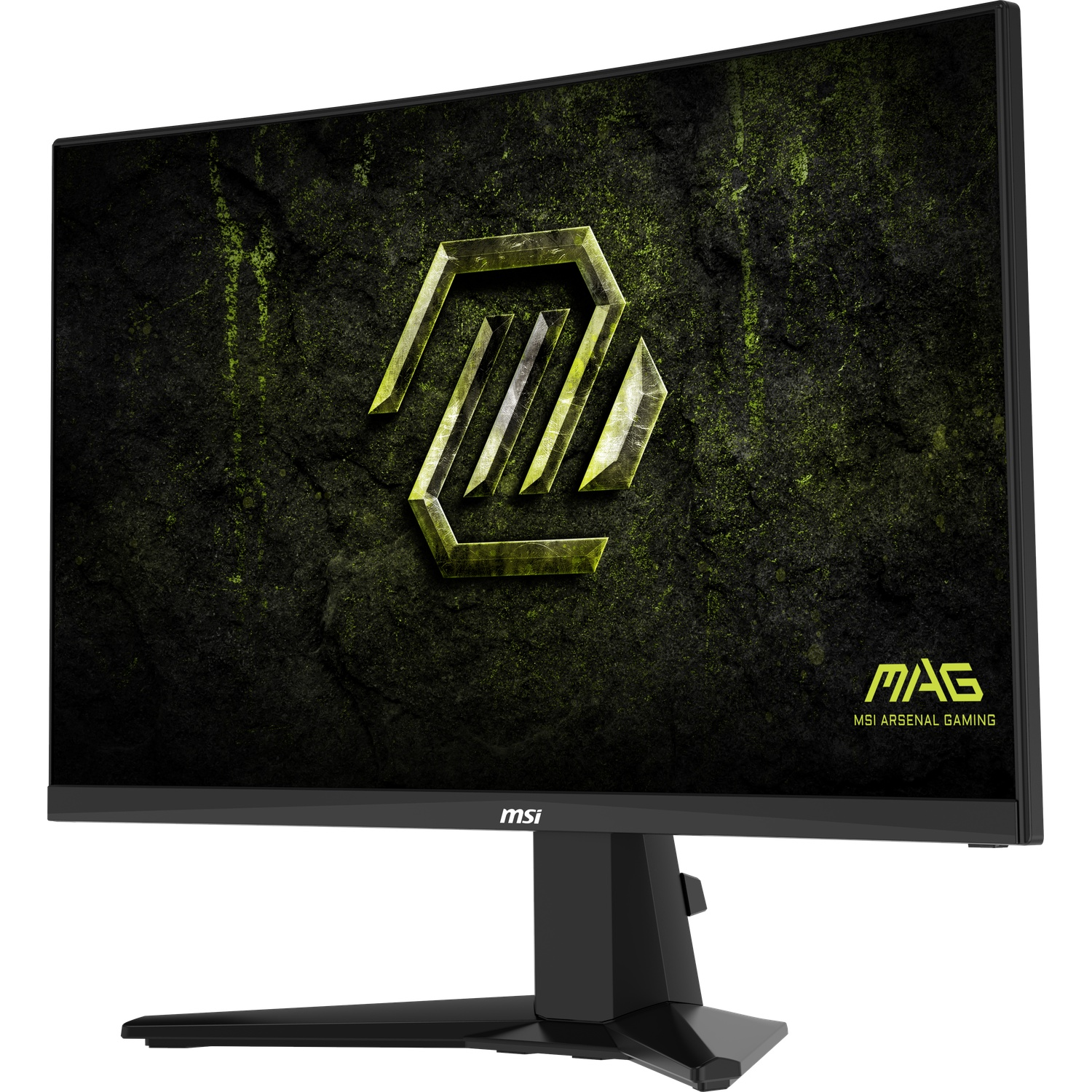 Un moniteur de jeu MSI noir avec un fond texturé vert et noir.
