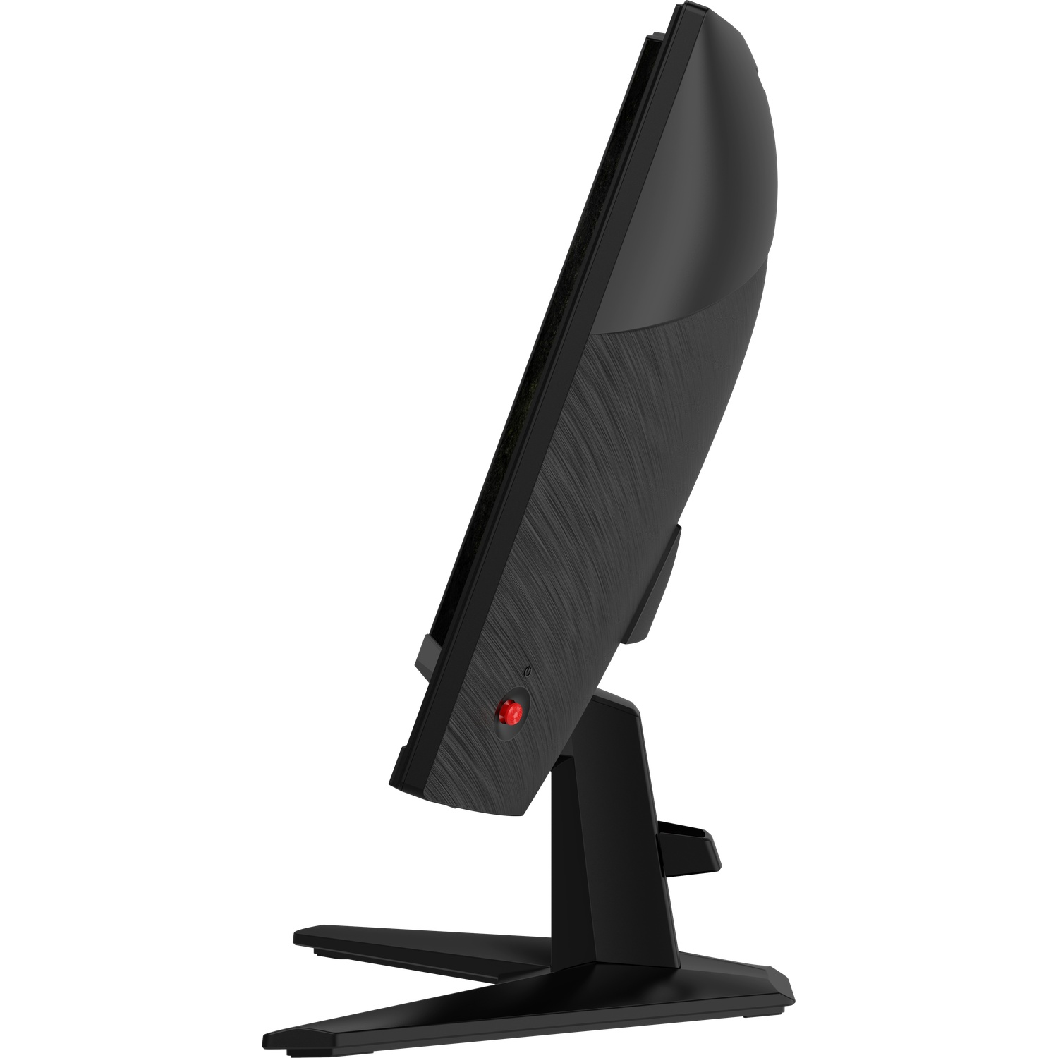 Un moniteur d'ordinateur noir avec un bouton rouge sur un support, vu de côté.