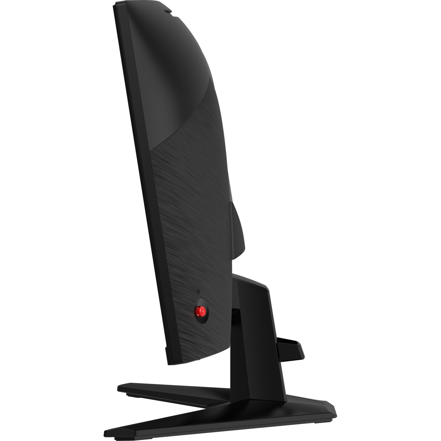 Moniteur noir de côté avec bouton rouge et icône argentée.