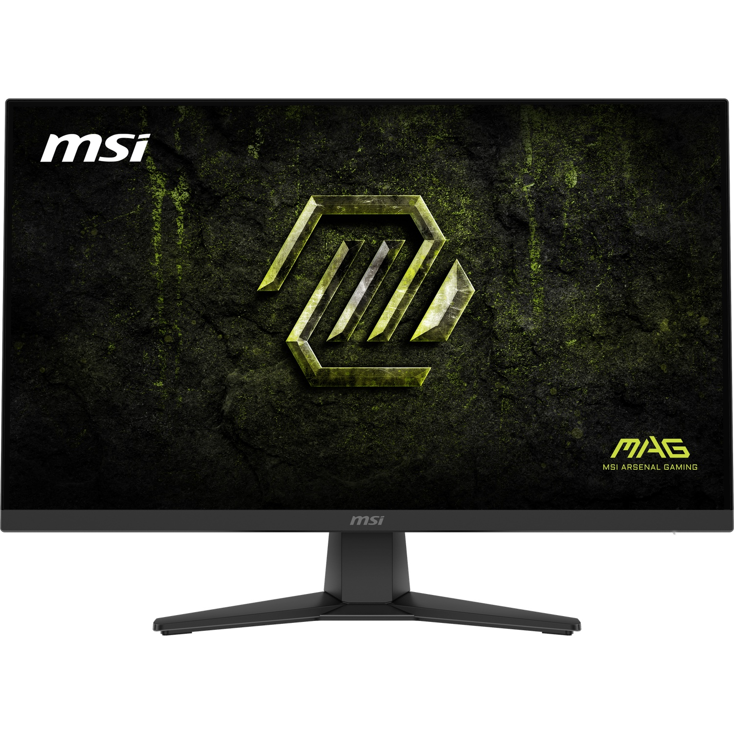 Un moniteur gaming MSI noir affiche un fond texturé vert avec un logo stylisé.