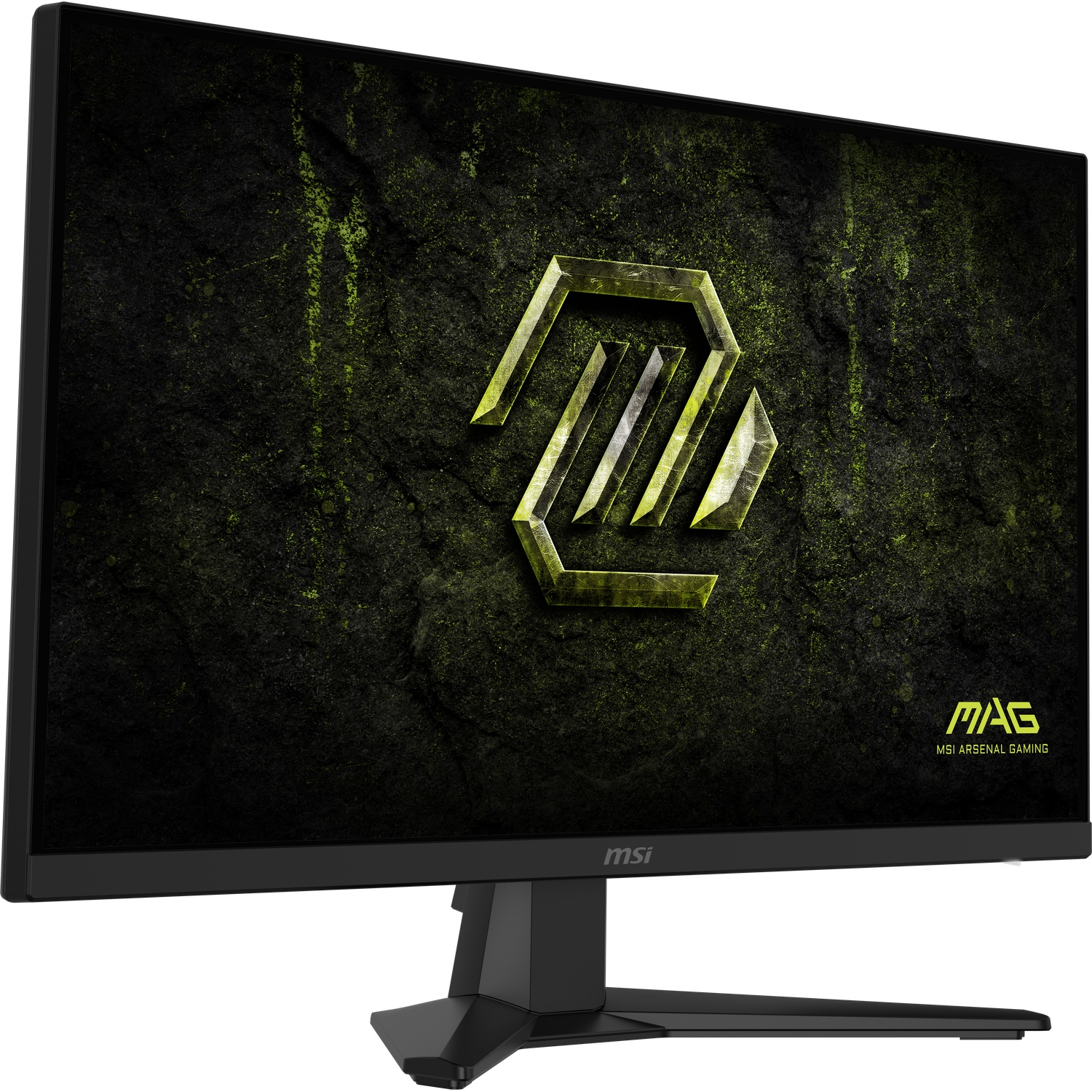 Un moniteur gaming noir affiche un logo hexagonal vert sur fond sombre.