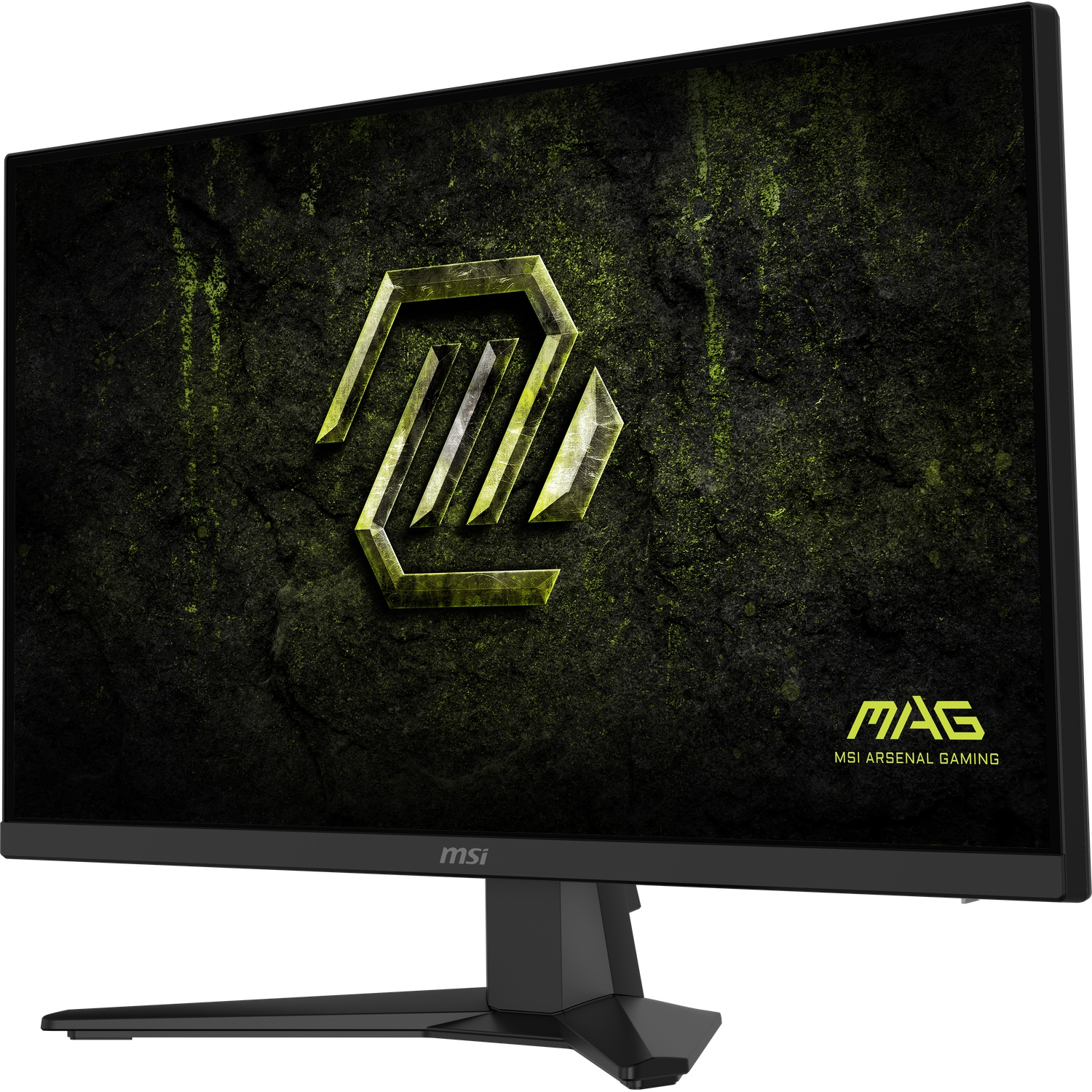 Un moniteur gamer noir avec un logo et un texte verts affichés à l'écran.
