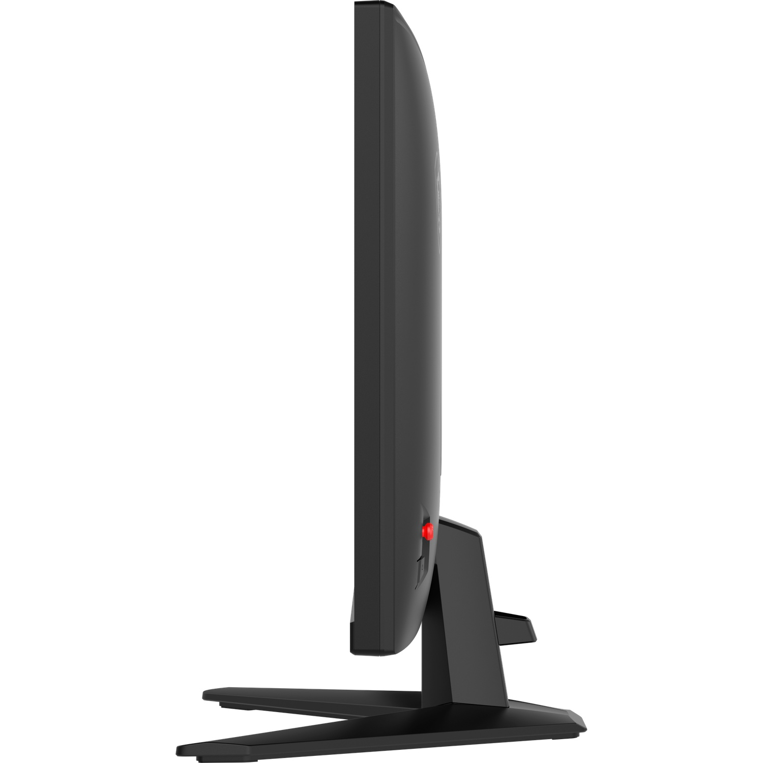 Un moniteur d'ordinateur noir avec un bouton rouge, vu de côté.