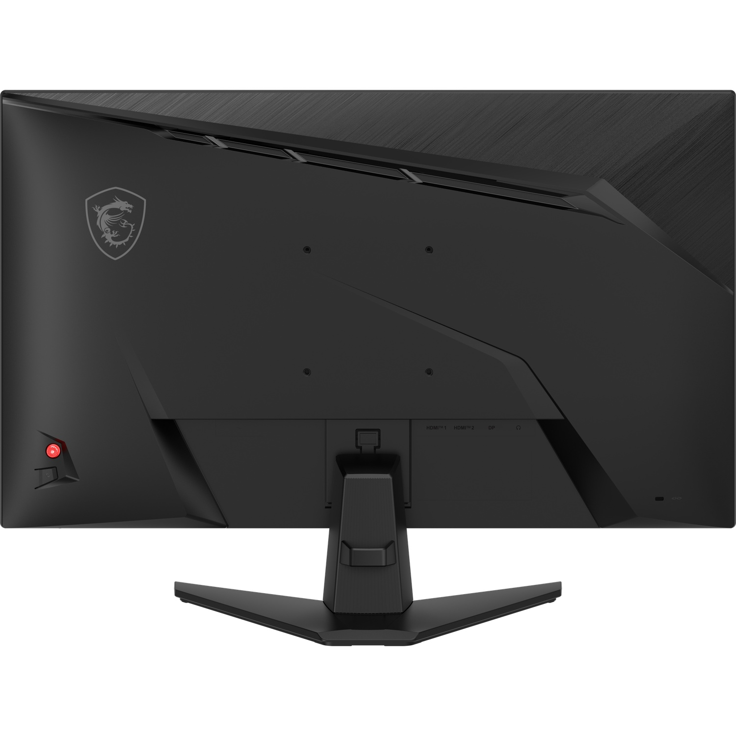 Arrière d'un moniteur noir avec logo MSI, ports et bouton d'alimentation rouge.