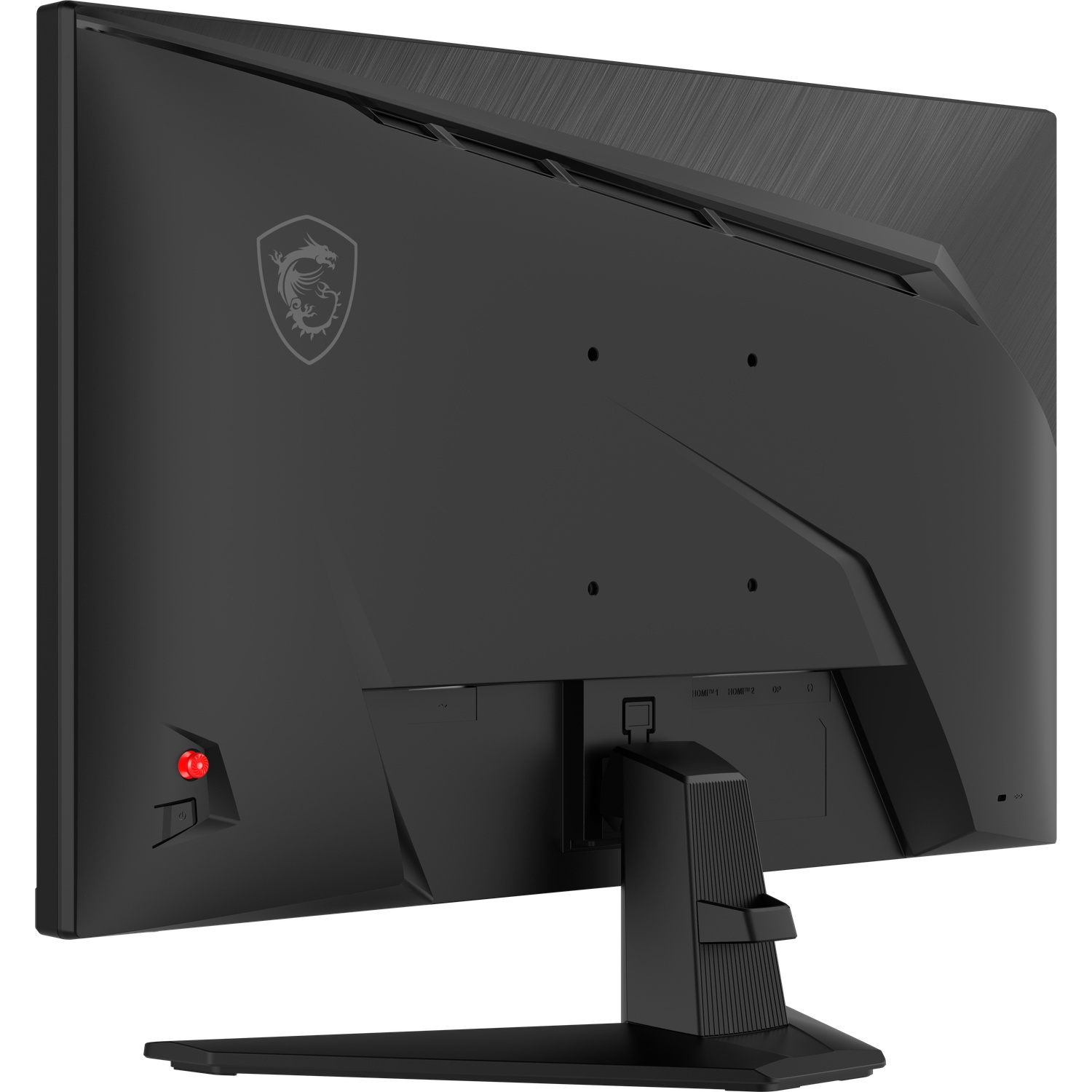 L'arrière du moniteur MSI noir montre un logo de dragon, un bouton rouge et des ports.