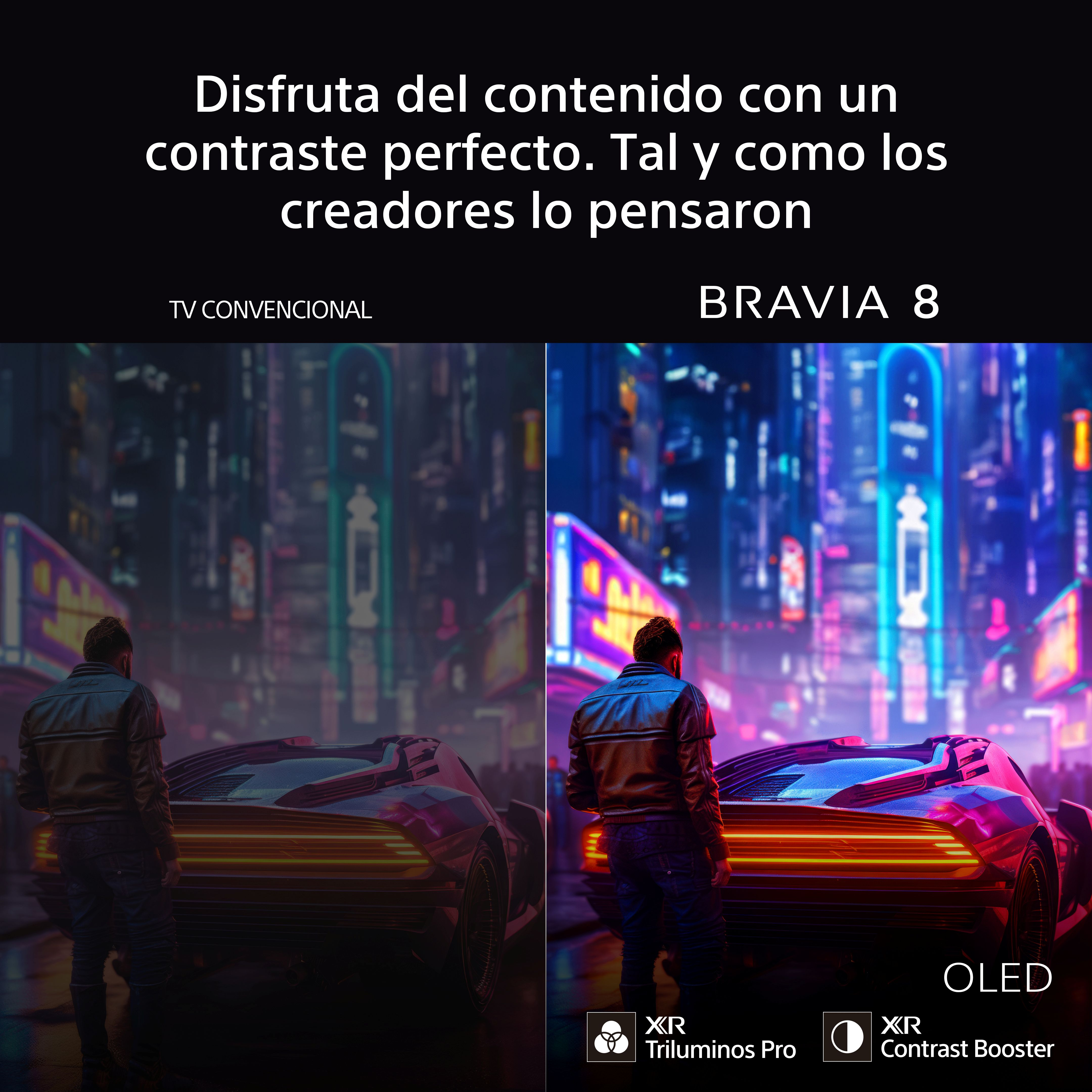 Hombre con chaqueta de cuero mira coche futurista ante luces de neón. Comparación izquierda/derecha.