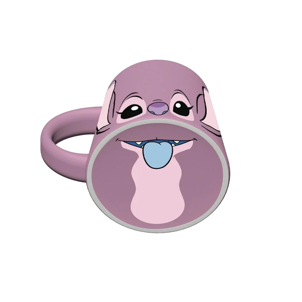 Una taza morada con la cara de Stitch sacando la lengua.