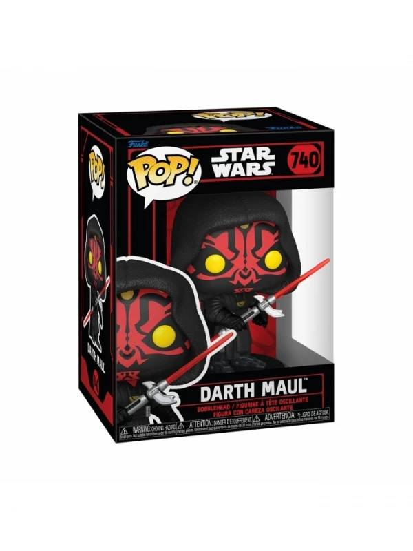Bobblehead Funko Pop Star Wars Darth Maul en caja, sosteniendo un sable de luz rojo.