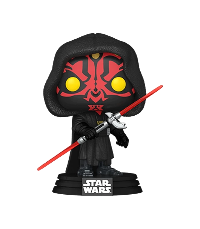 Figura Funko Pop de Darth Maul con sable de luz rojo y capucha.