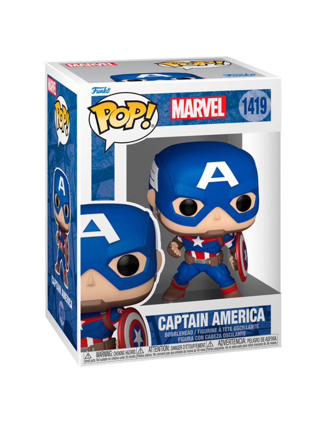 Figura Funko Pop Capitán América en caja. Traje azul con A en el pecho.