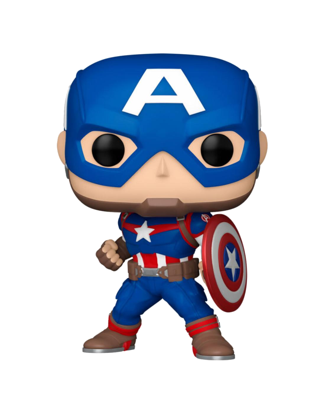 Figura Funko Pop de Capitán América con escudo y "A" en la máscara.